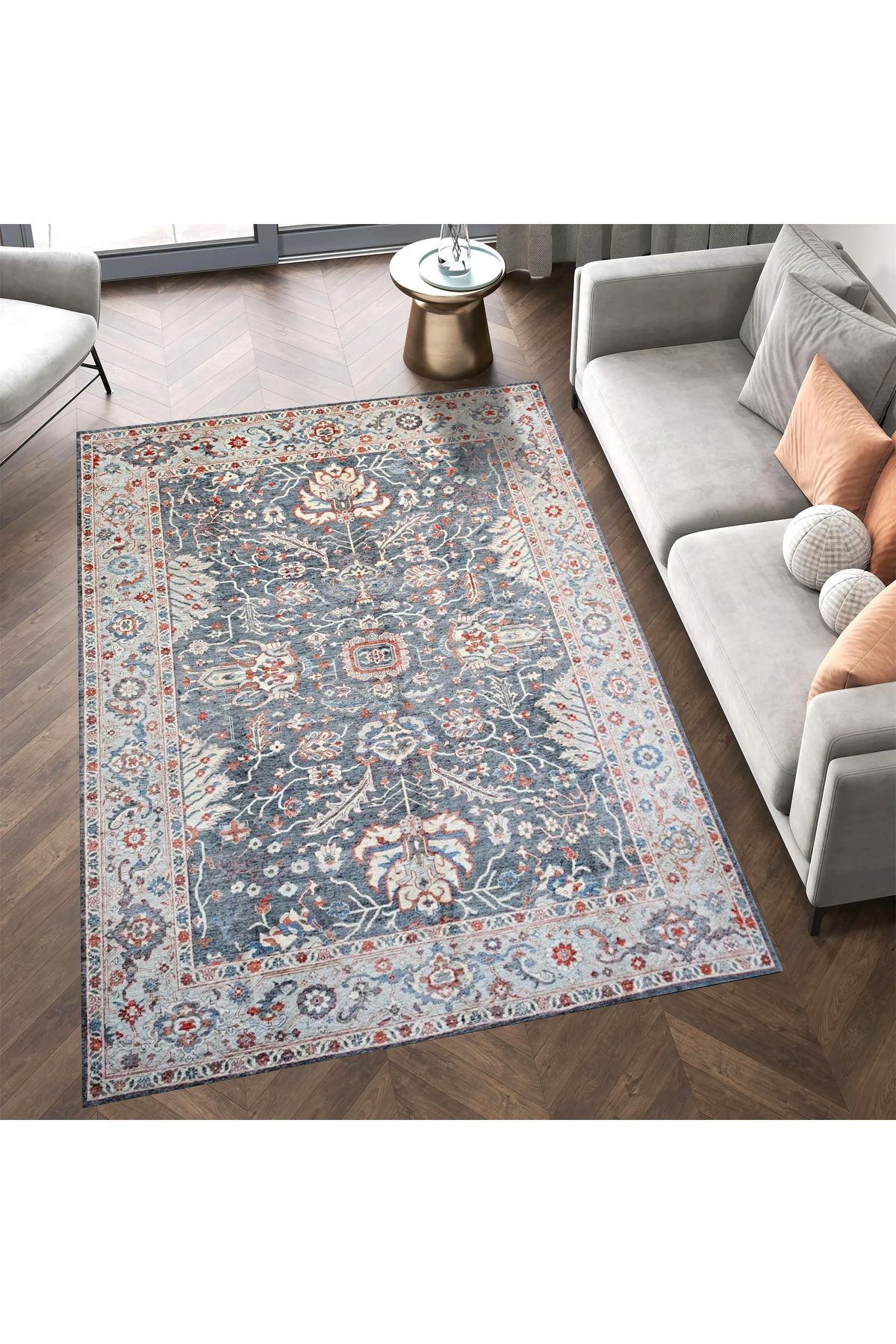 Mete Koleksiyonu Gri Bej Temalı Geleneksel Motifler ve Çiçek Desenli Vintage Dekoratif Halı 38
