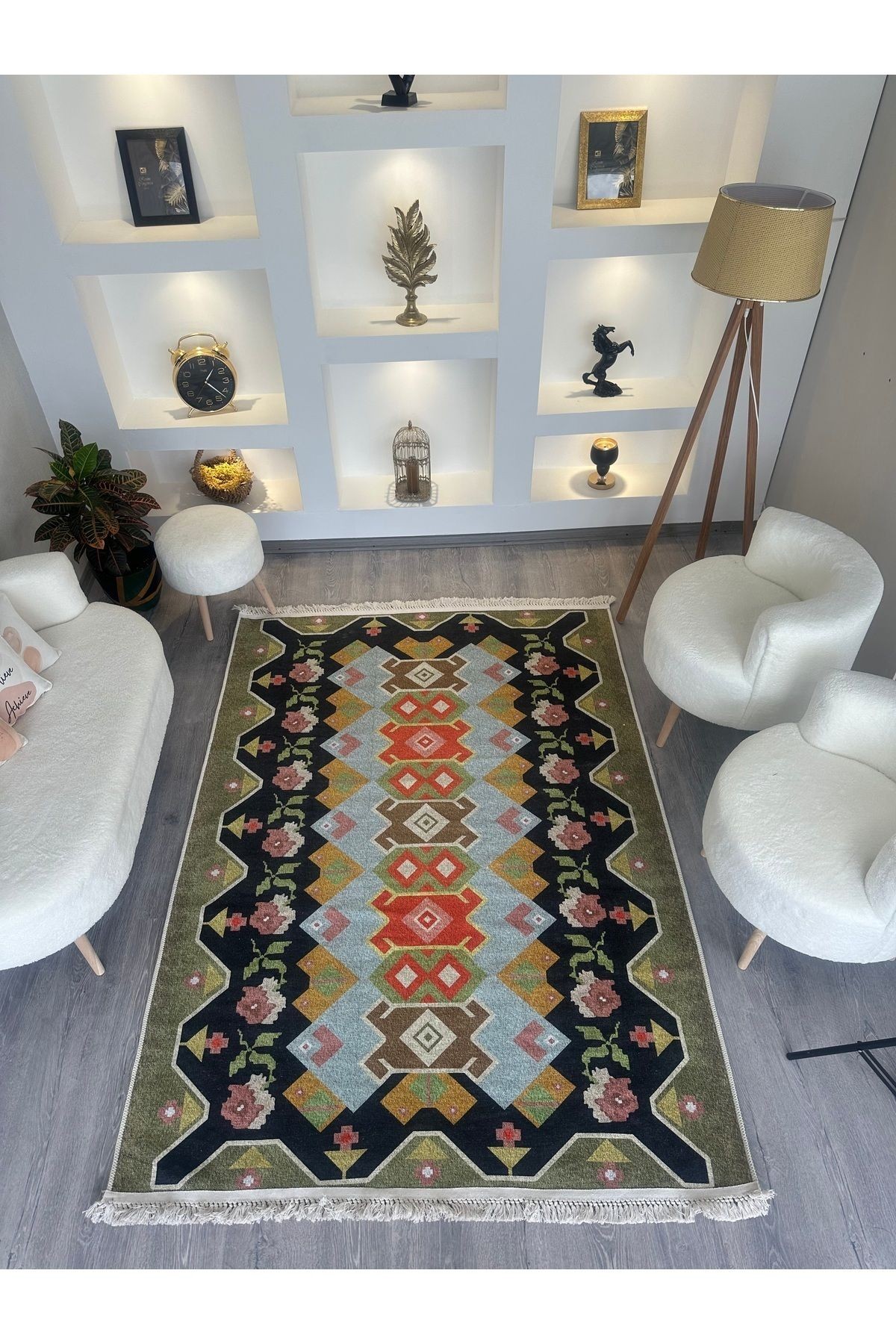 Opal Yeşil Siyah Etnik Desenli Dokuma Taban Modern Dekoratif Halı opal12