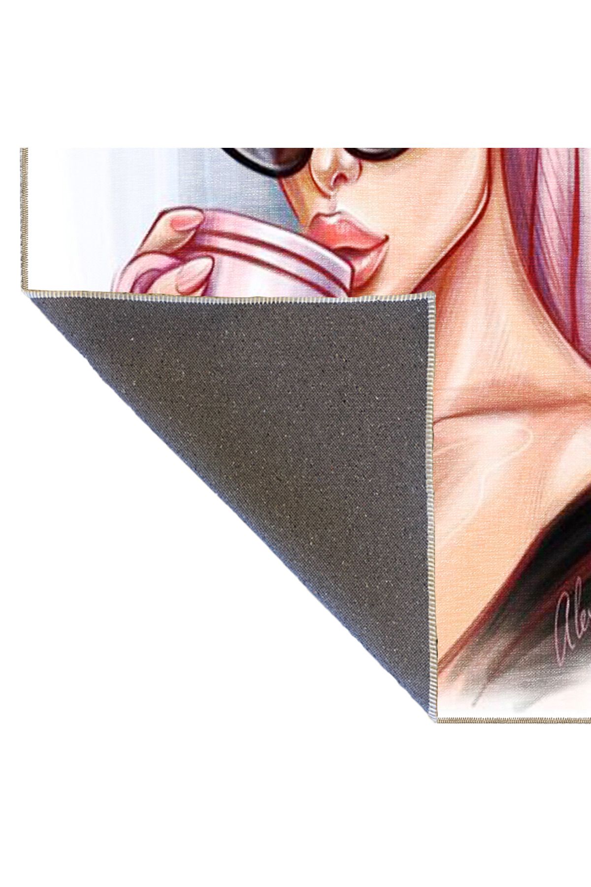 Kadın ve Sakız Pembe Desenli Modern Dekoratif Halı 3667