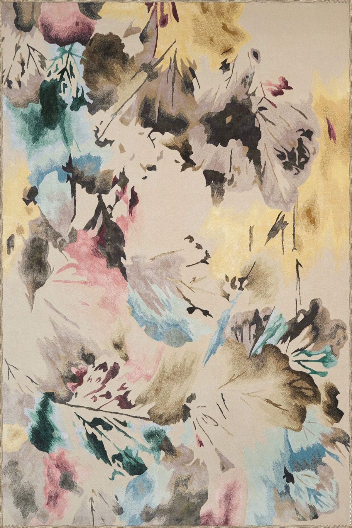 Krem Çiçekli Temalı Desenli Modern Dekoratif Halı ve Yıkanabilir Halı miravip9595