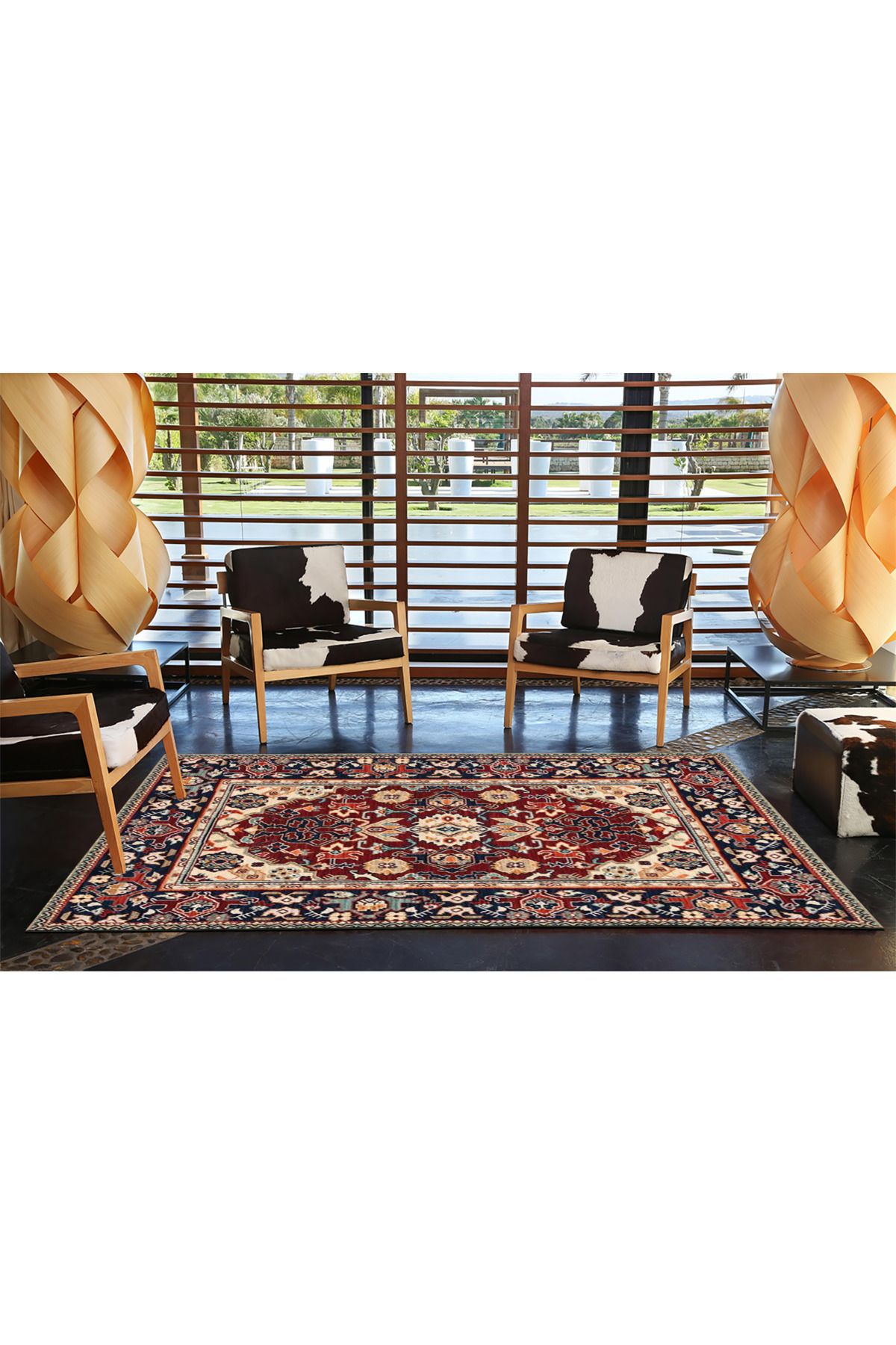 Bordo Temalı Çok Renkli Geleneksel Motif Desenli Vintage Dekoratif Halı 4573