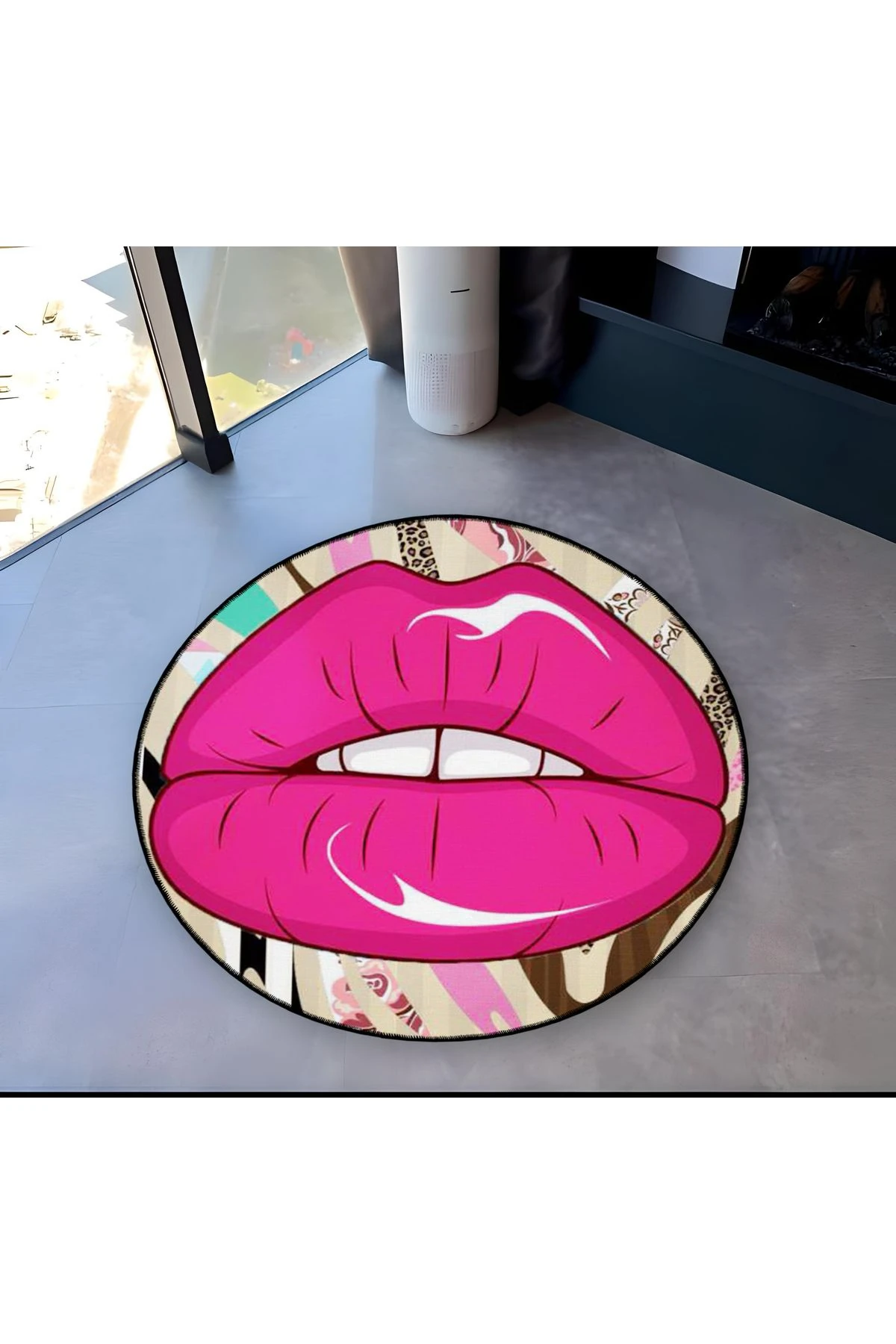 Mira Yuvarlak Pembe Dudak Desen Detaylı Dokuma Taban Modern Dekoratif Halı 5594