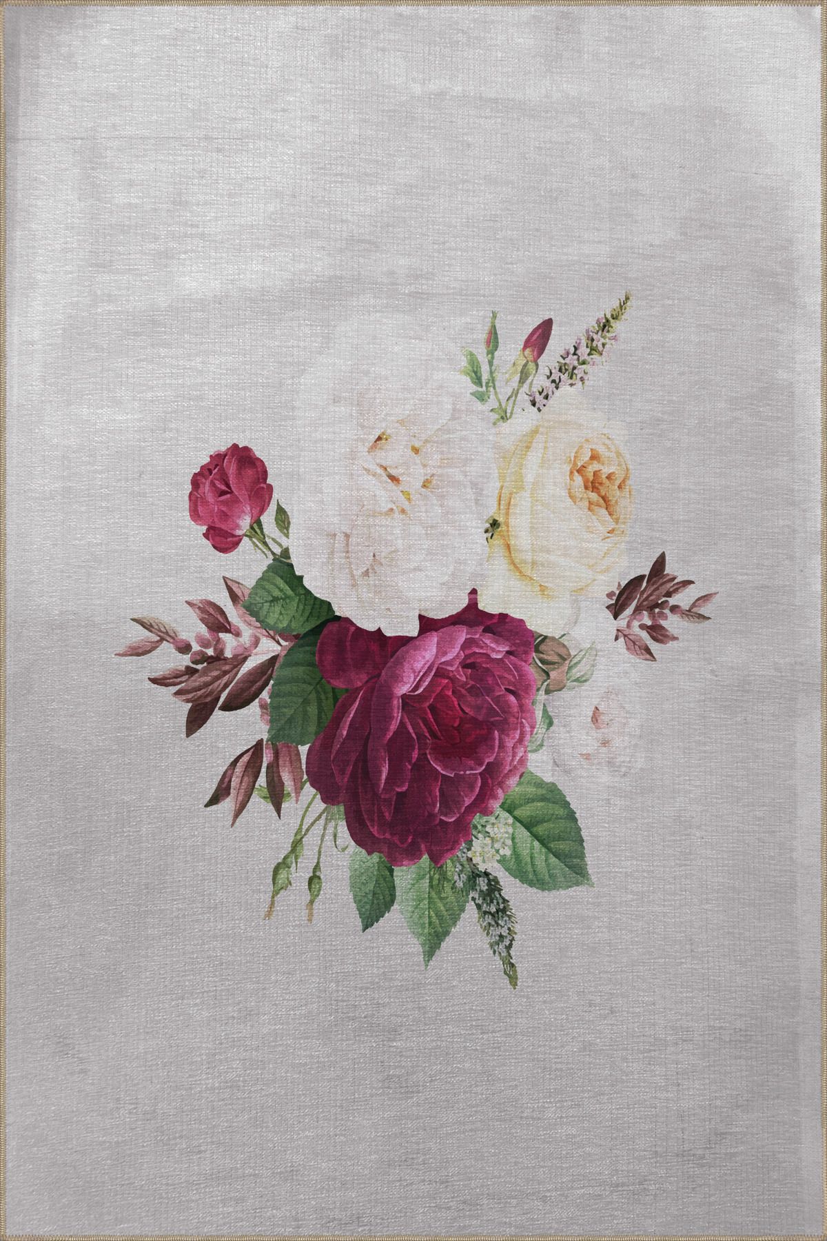 Bej Temalı Yaprak ve Mor Gül Desenli Kreatif Modern Dekoratif Halı 2859