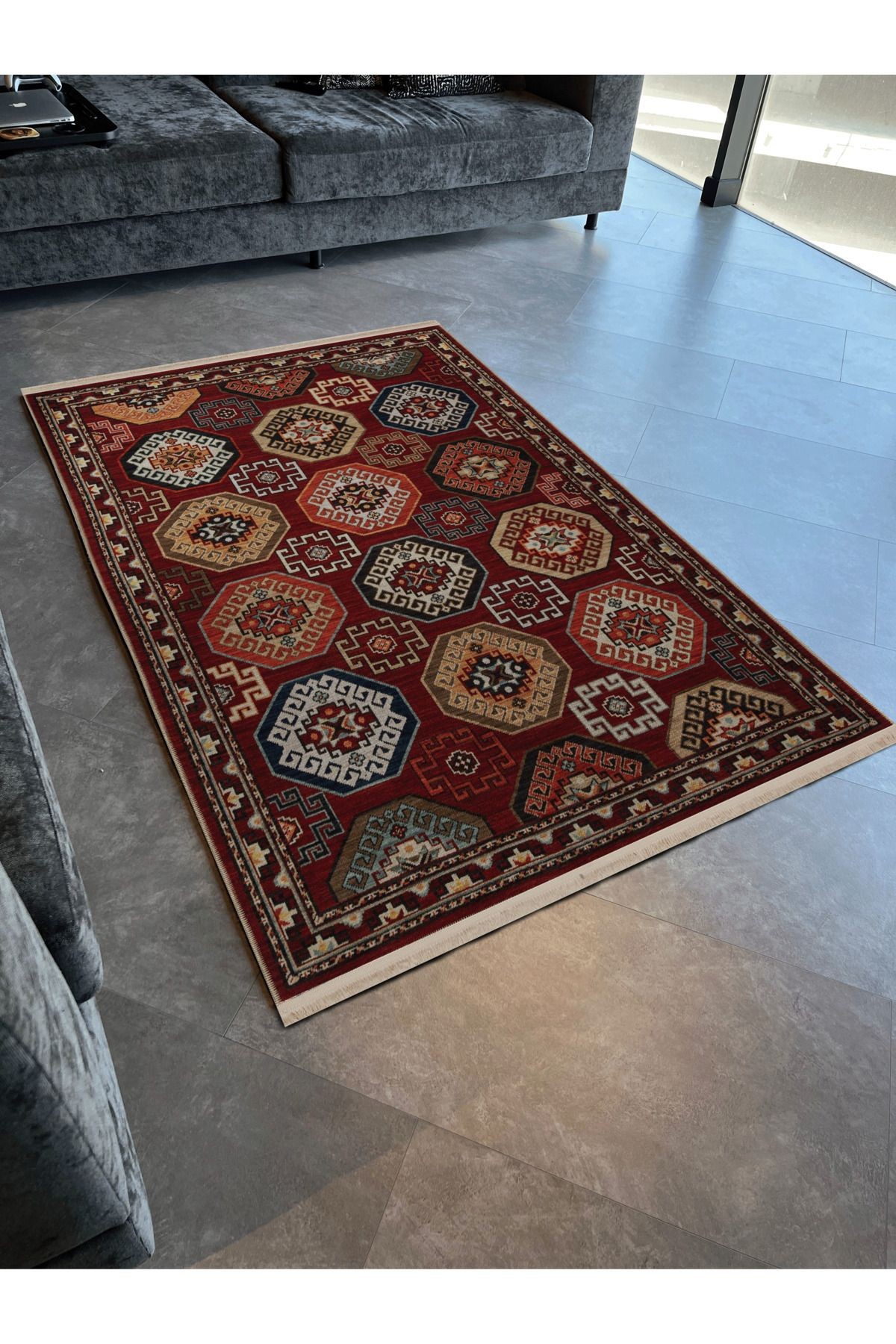 Bordo Temalı Çok Renkli Etnik Geleneksel Motif Desenli Vintage Dekoratif Halı 2766