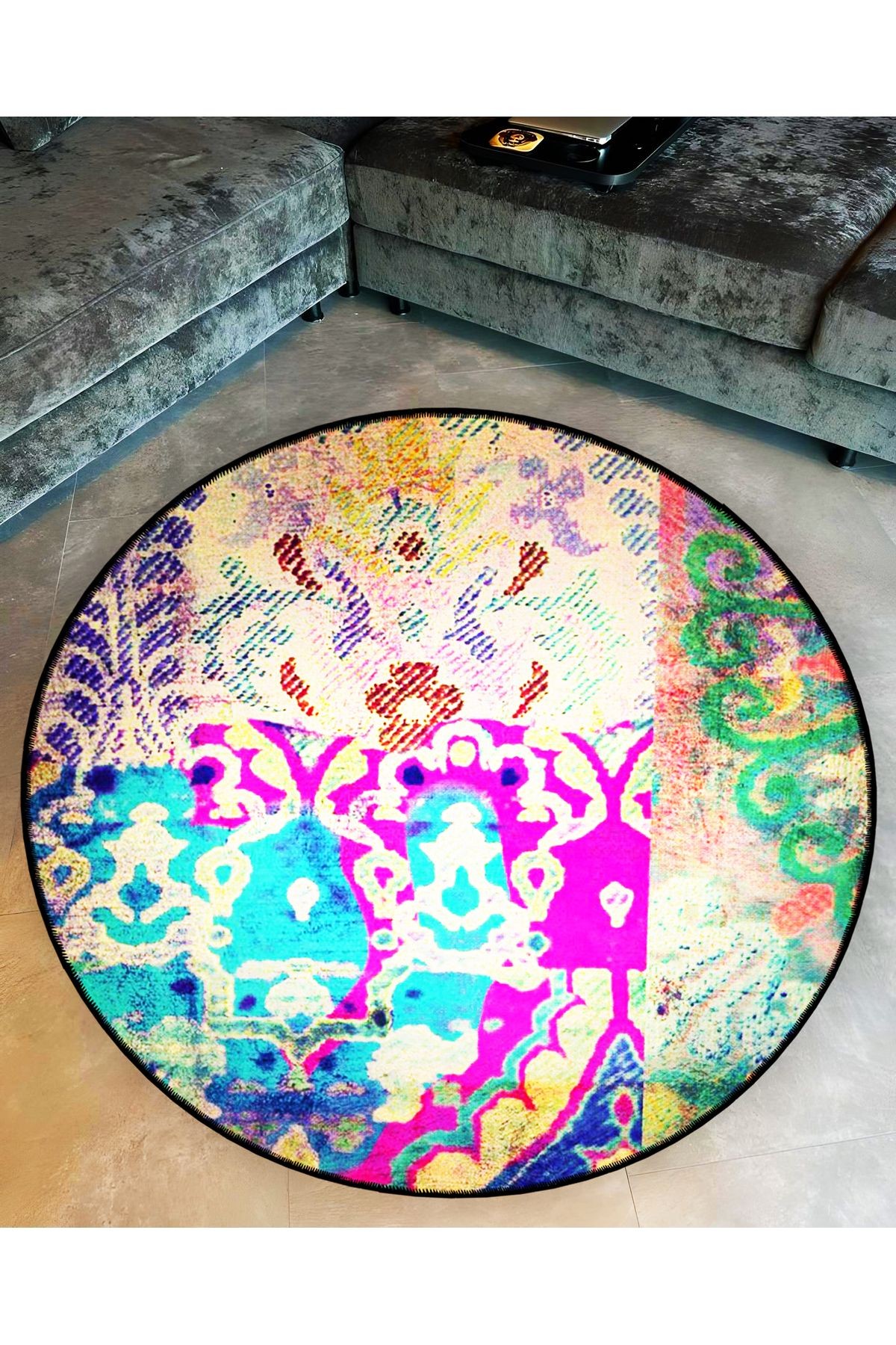 Mira Yuvarlak Çok Renkli Etnik Desen Dokuma Taban Modern Dekoratif Halı 5791