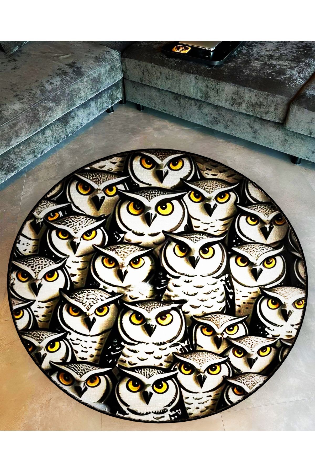 Yuvarlak Sarı Gözlü Baykuşlar Desenli Dokuma Taban Yıkanabilir Halı miraface18