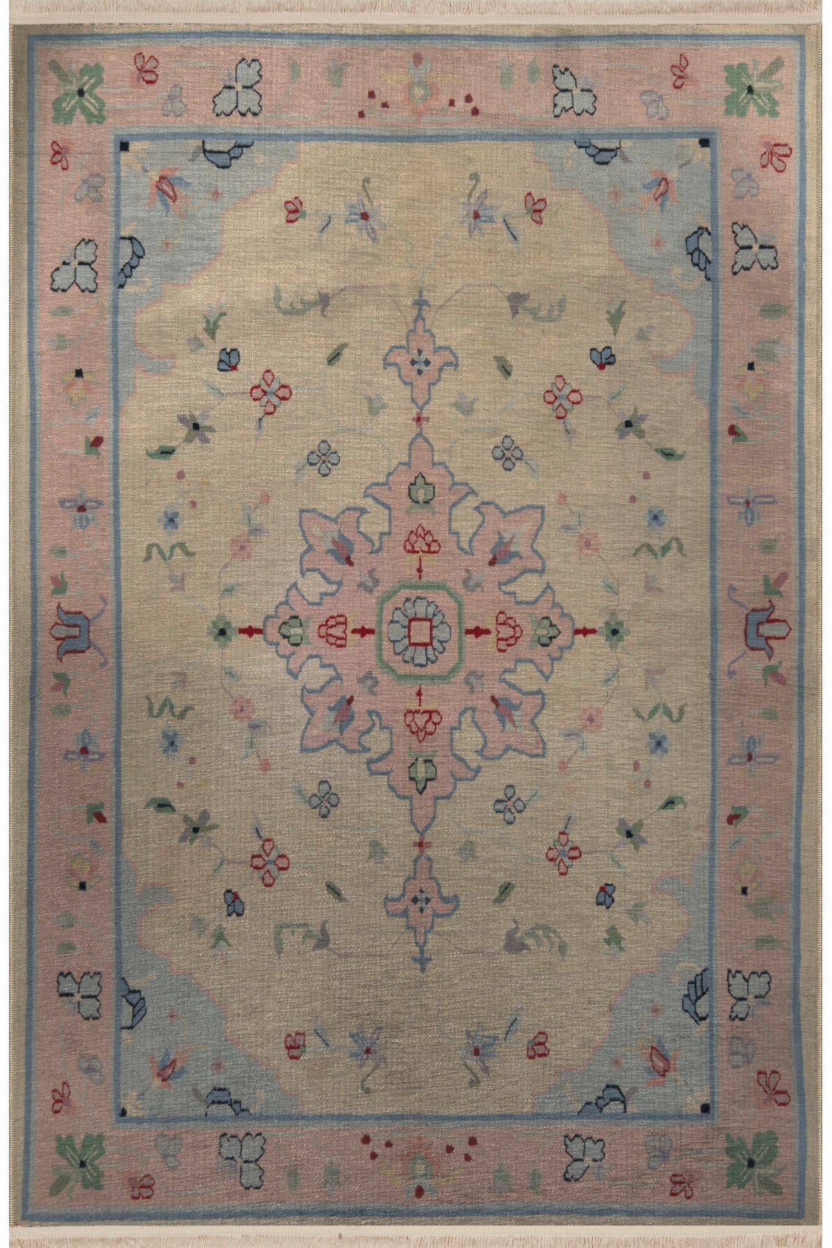 Pudra Bej Temalı Motifli Etnik Çiçek Desenli Kreatif Vintage Dekoratif Halı 2998