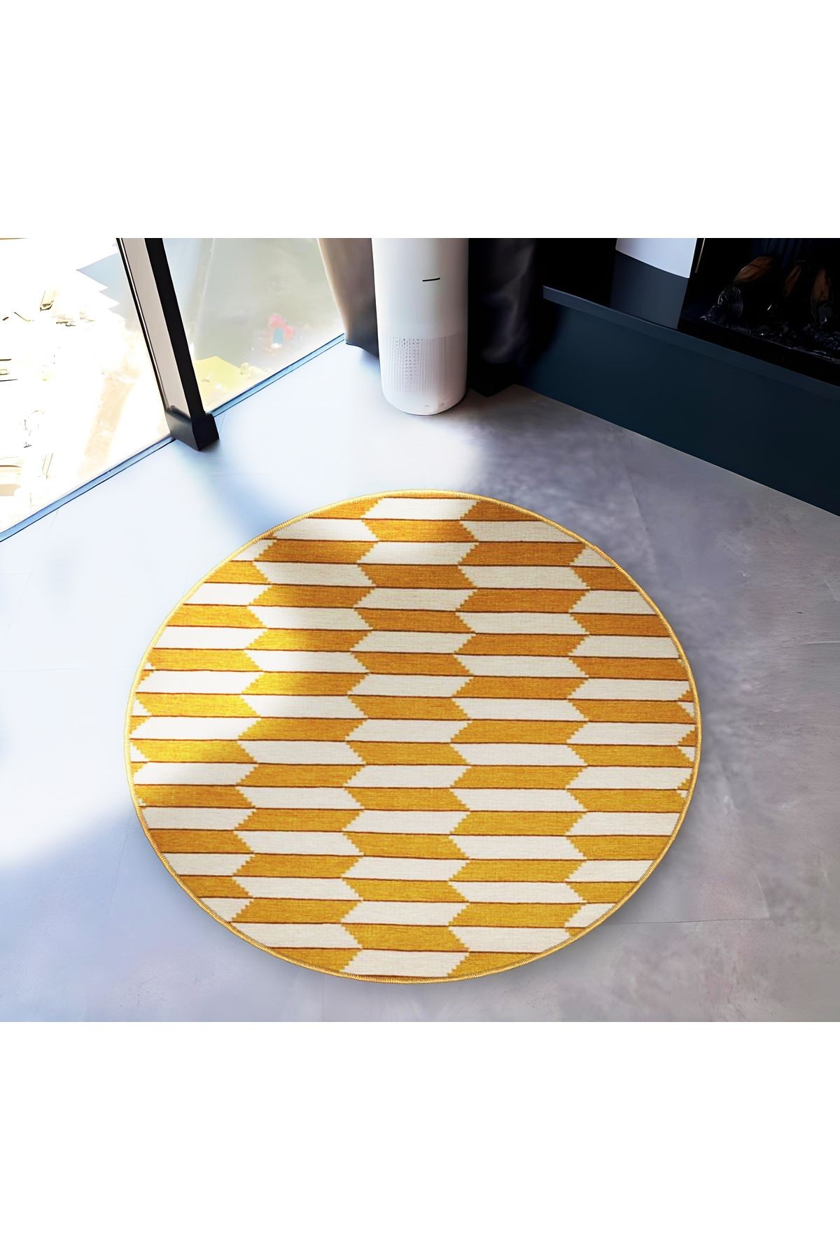 Turuncu Tema Geometrik Desenli Yuvarlak Dokuma Taban Modern Dekoratif Halı 6138