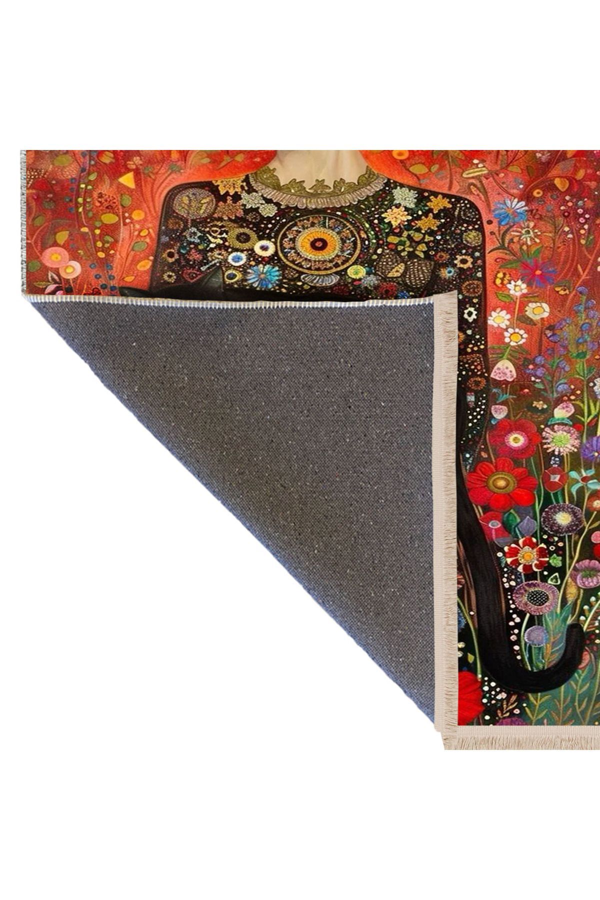 İnci Koleksiyonu Kadın Kedi ve Çiçekler Detaylı Çok Renkli Dokuma Taban Modern Dekoratif Halı inci46