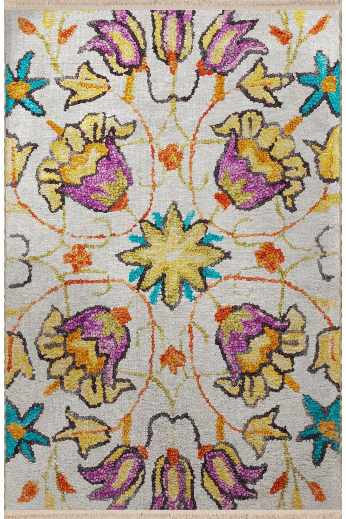 Açık Ton Çok Renkli Etnik Çiçek Gül Desenli Kreatif Vintage Dekoratif Halı 2825