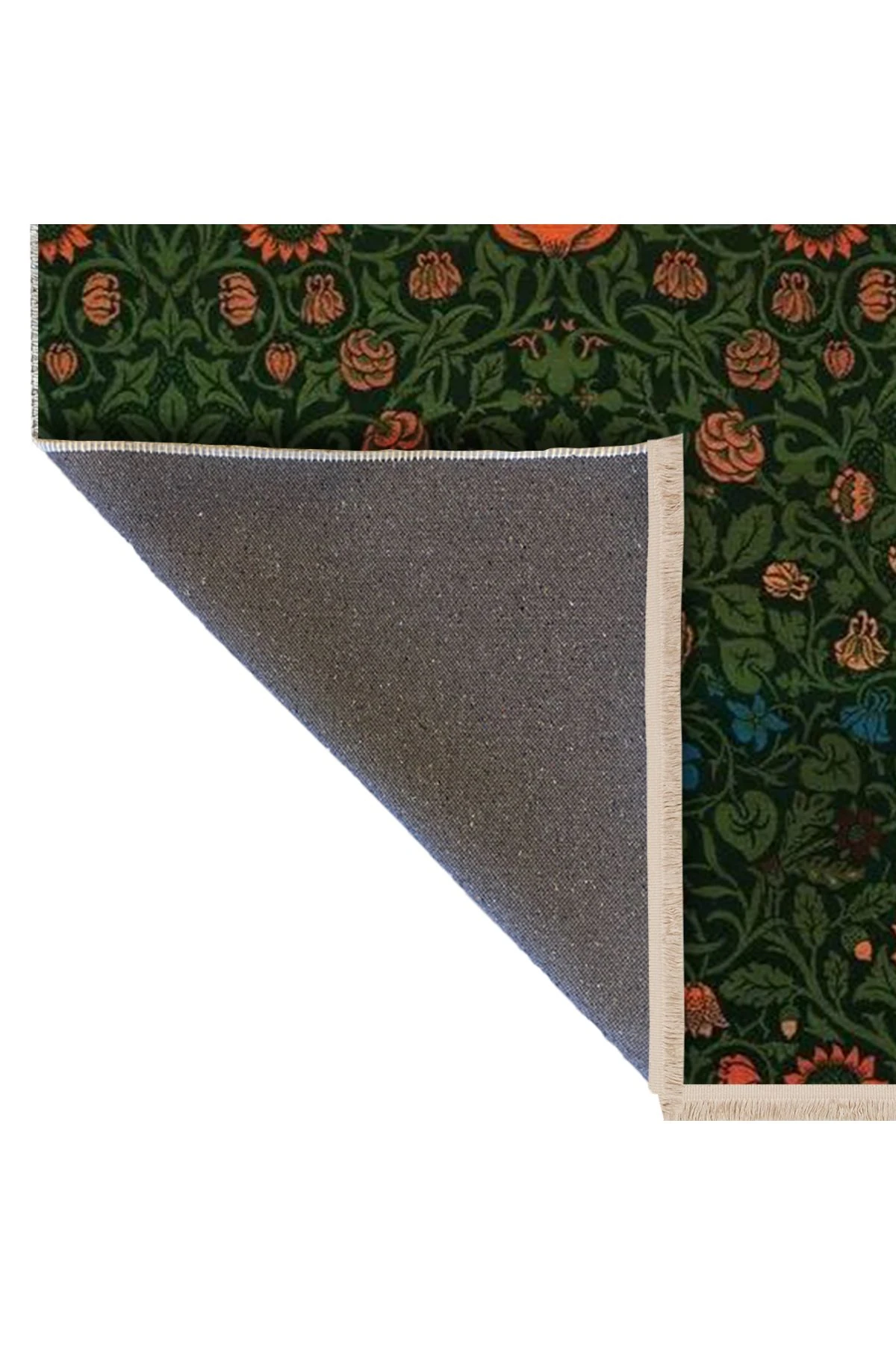 Özge Koleksiyonu Koyu Yeşil Sarmaşık Detaylı Turuncu Mavi Çiçekli Dokuma Taban Dekoratif Halı özge09