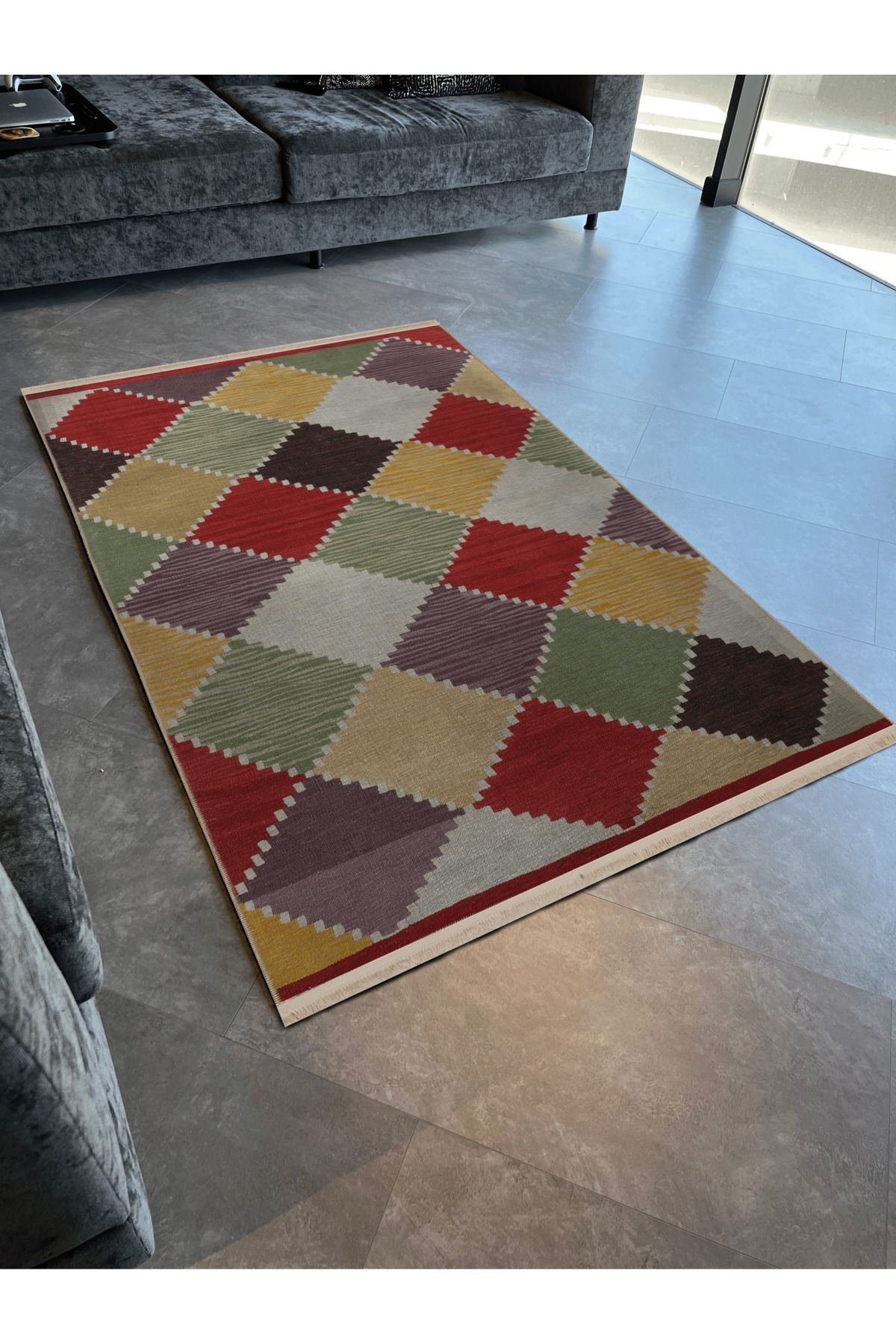 Açık Ton Çok Renkli Çapraz Geleneksel Motif Desenli Kreatif Vintage Dekoratif Halı 2688