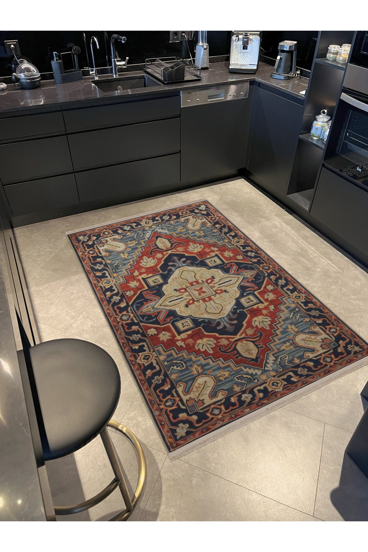 Mavi Kırmızı Temalı Geleneksel Motif Etnik Desenli Kreatif Vintage Dekoratif Halı 2441