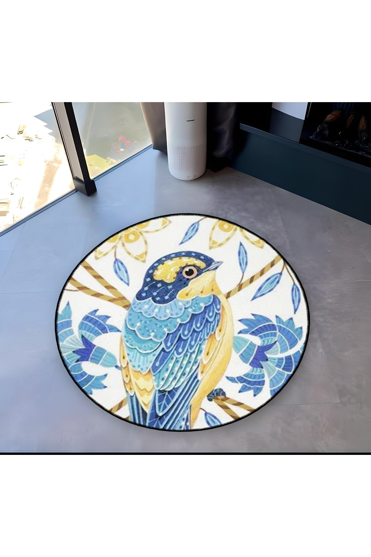 Mavi Sarı Temalı Kırlangıç Desenli Yuvarlak Dokuma Taban Vintage Dekoratif Halı 6117