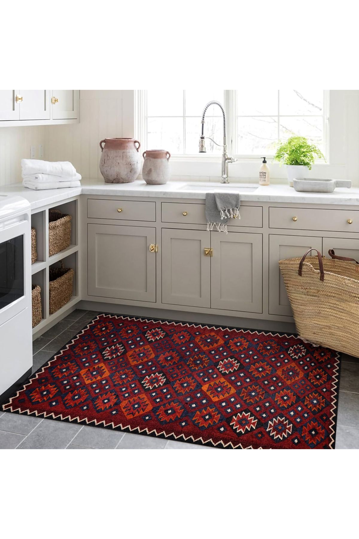 Asena Koleksiyonu Bordo Temalı Etnik Motifli ve Geleneksel Desenli Vintage Dekoratif Halı 03