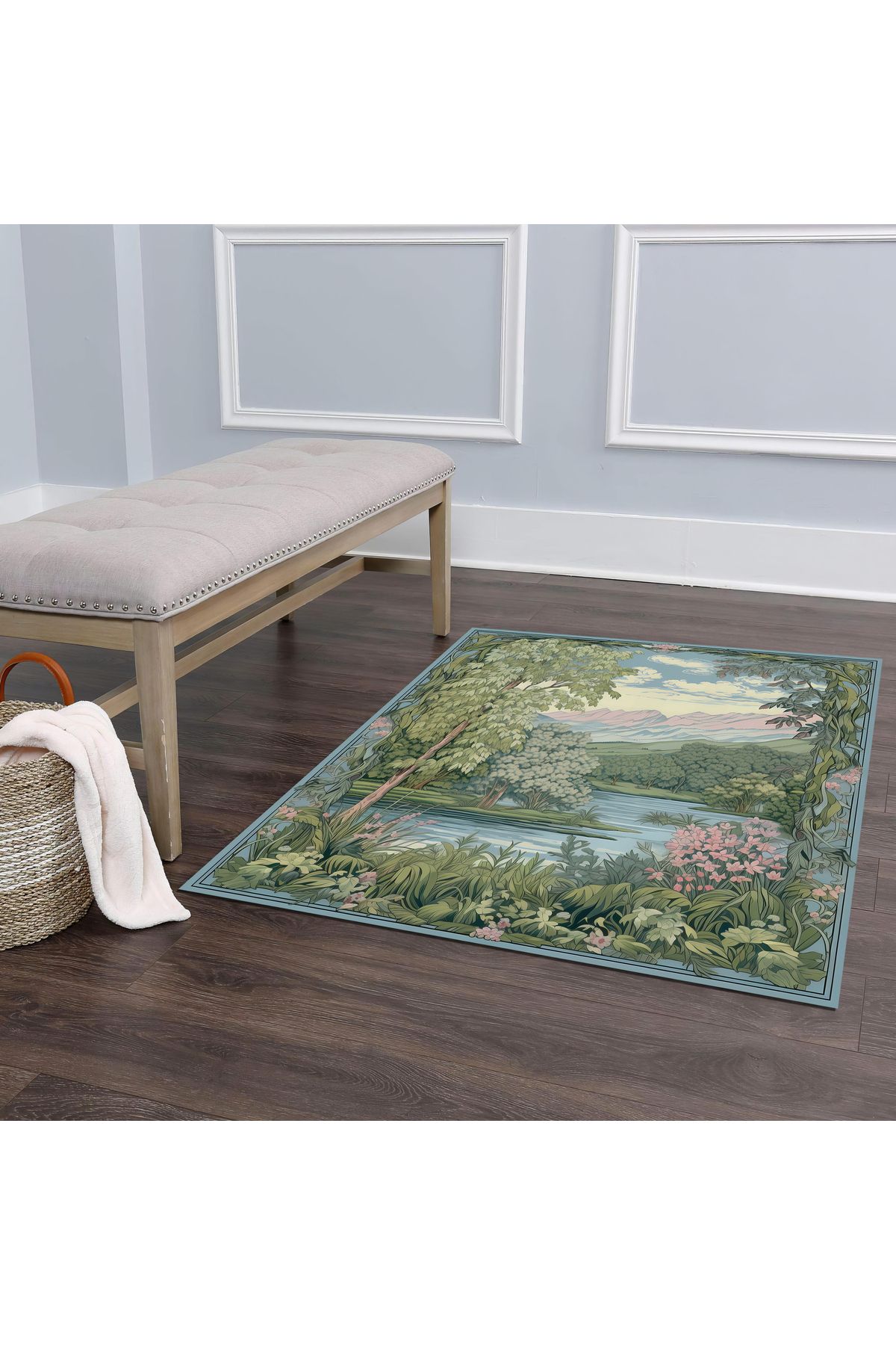 Paris Koleksiyonu Mavi Yeşil Tonlarda Doğa Desenli Modern Dekoratif Halı paris10