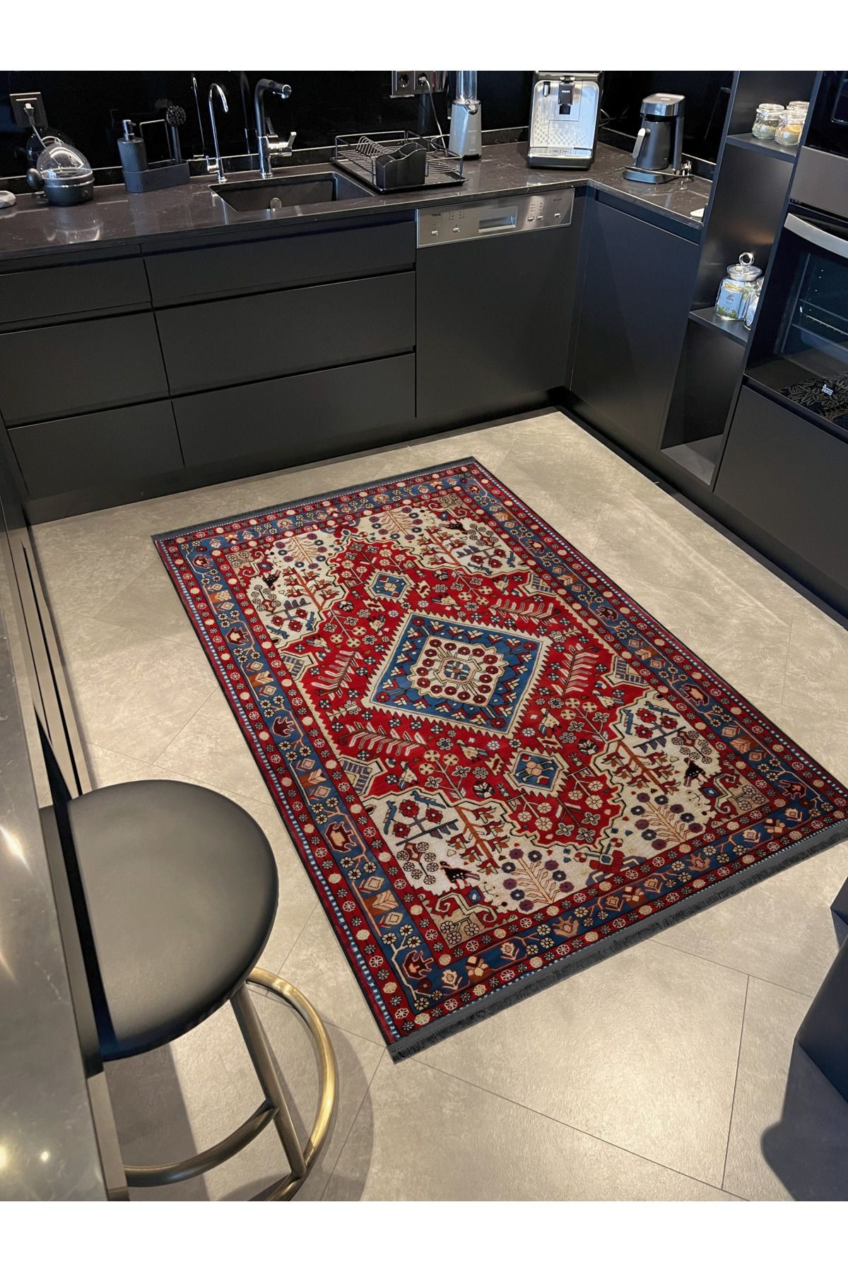 Bordo Temalı Çok Renkli Geleneksel Motif Etnik Desenli Vintage Dekoratif Halı 2573