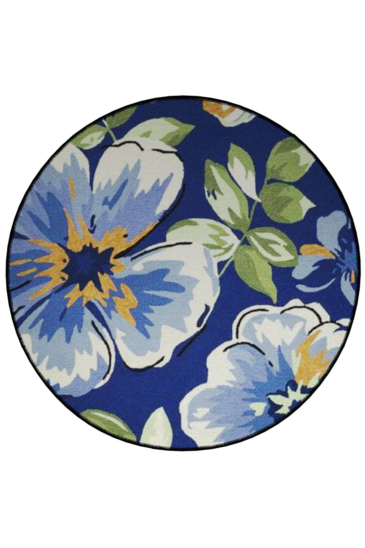 Mira Yuvarlak Koyu Mavi Çiçek ve Yaprak Detaylı Dokuma Taban Modern Dekoratif Halı 5660