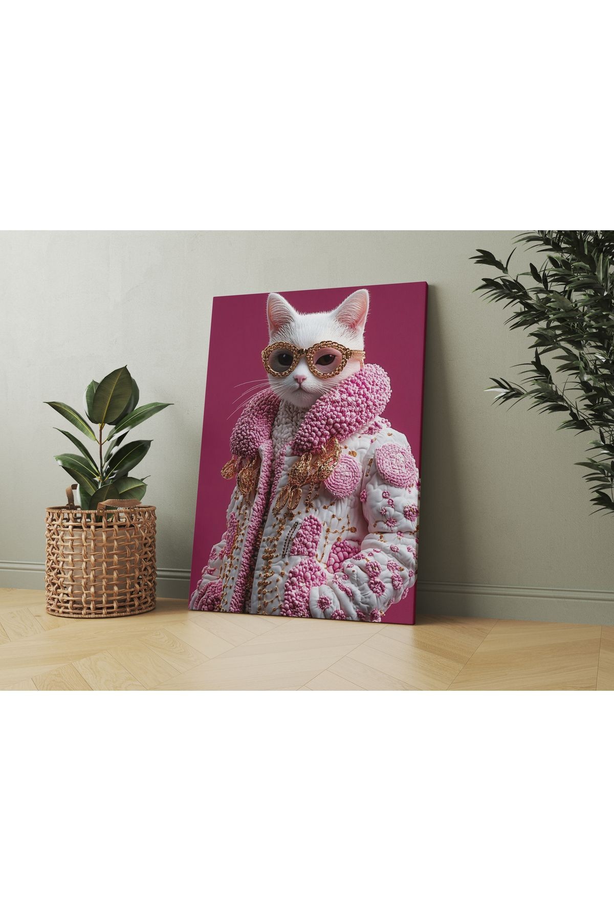 Kanvas Tablo Pembe Temalı Beyaz Süslü Kedi Desenli tablo5005