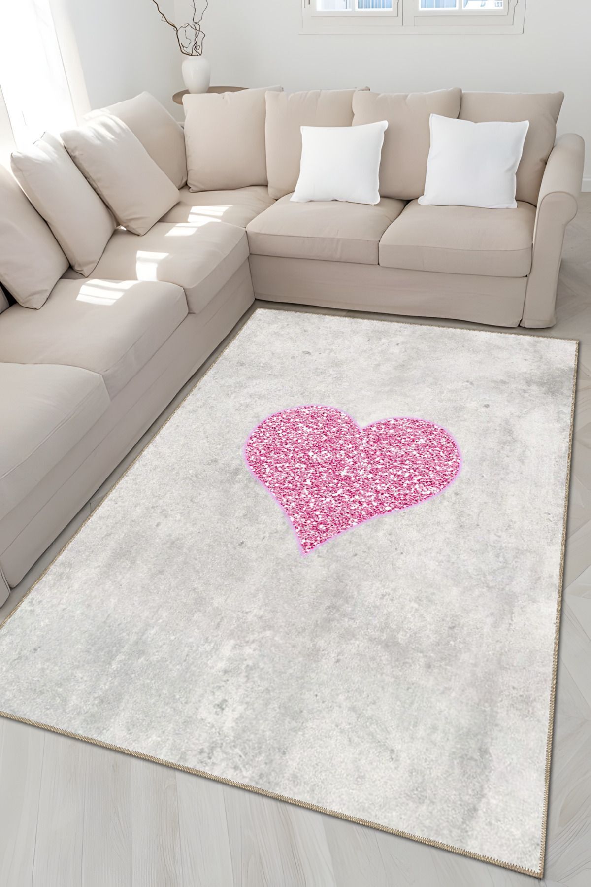 Gri Temalı Pembe Kalp Desenli Kreatif Modern Dekoratif Halı 4981