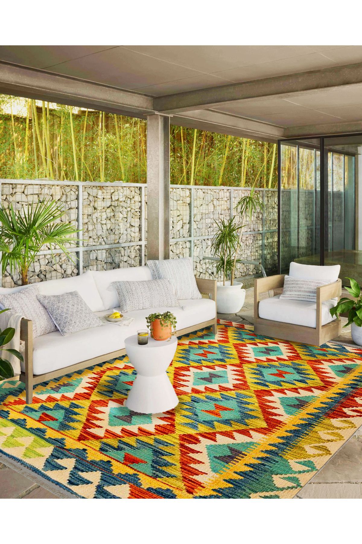 İnci Koleksiyonu Çok Renkli Etnik Geometrik Desenli Dokuma Taban Vintage Dekoratif Halı inci03