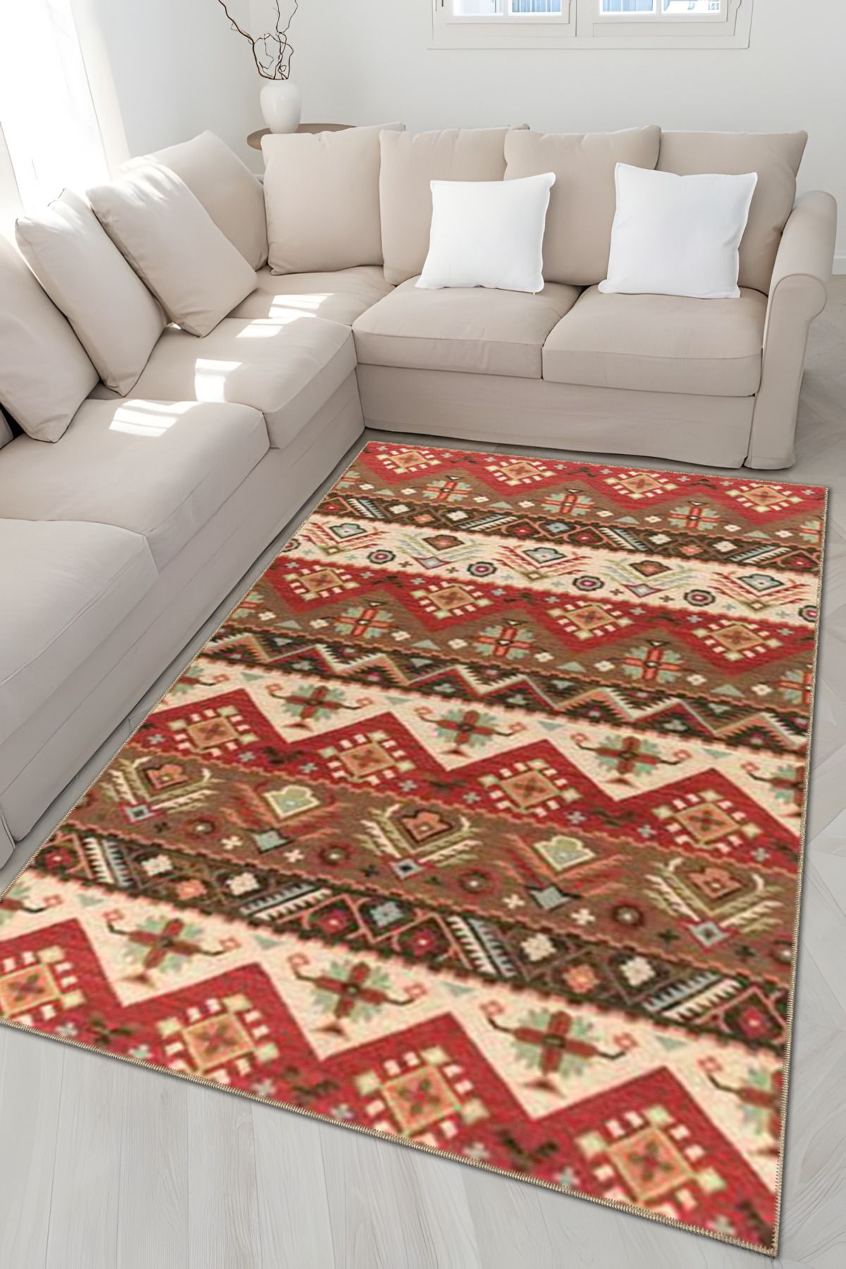 Kırmızı Kahverengi Temalı Geleneksel Motif Desenli Etnik Vintage Dekoratif Halı 5011