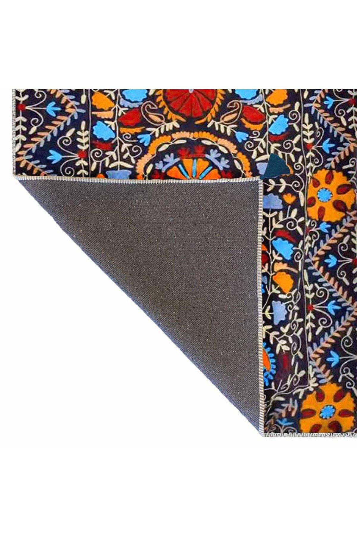 Haryana Koleksiyonu Mavi Temalı Soyut Etnik Motifler Desenli Dokuma Taban Vintage Dekoratif Halı 09