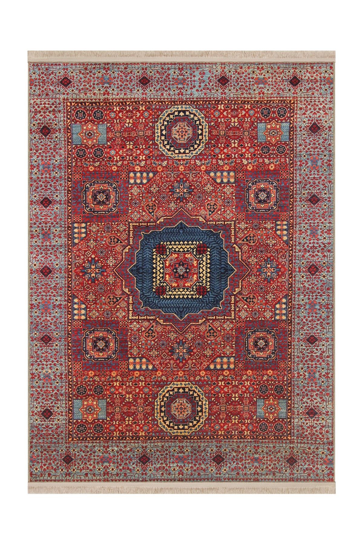 Memlük Koleksiyonu Kiremit Renk Etnik Motif Desenli Dokuma Taban Vintage Dekoratif Halı memlük32
