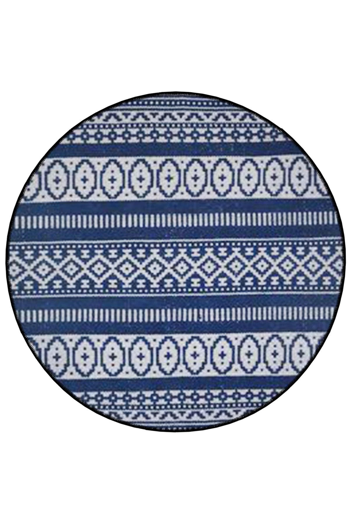 Mavi Temalı Etnik Motif Desenli Yuvarlak Dokuma Taban Vintage Dekoratif Halı 6118