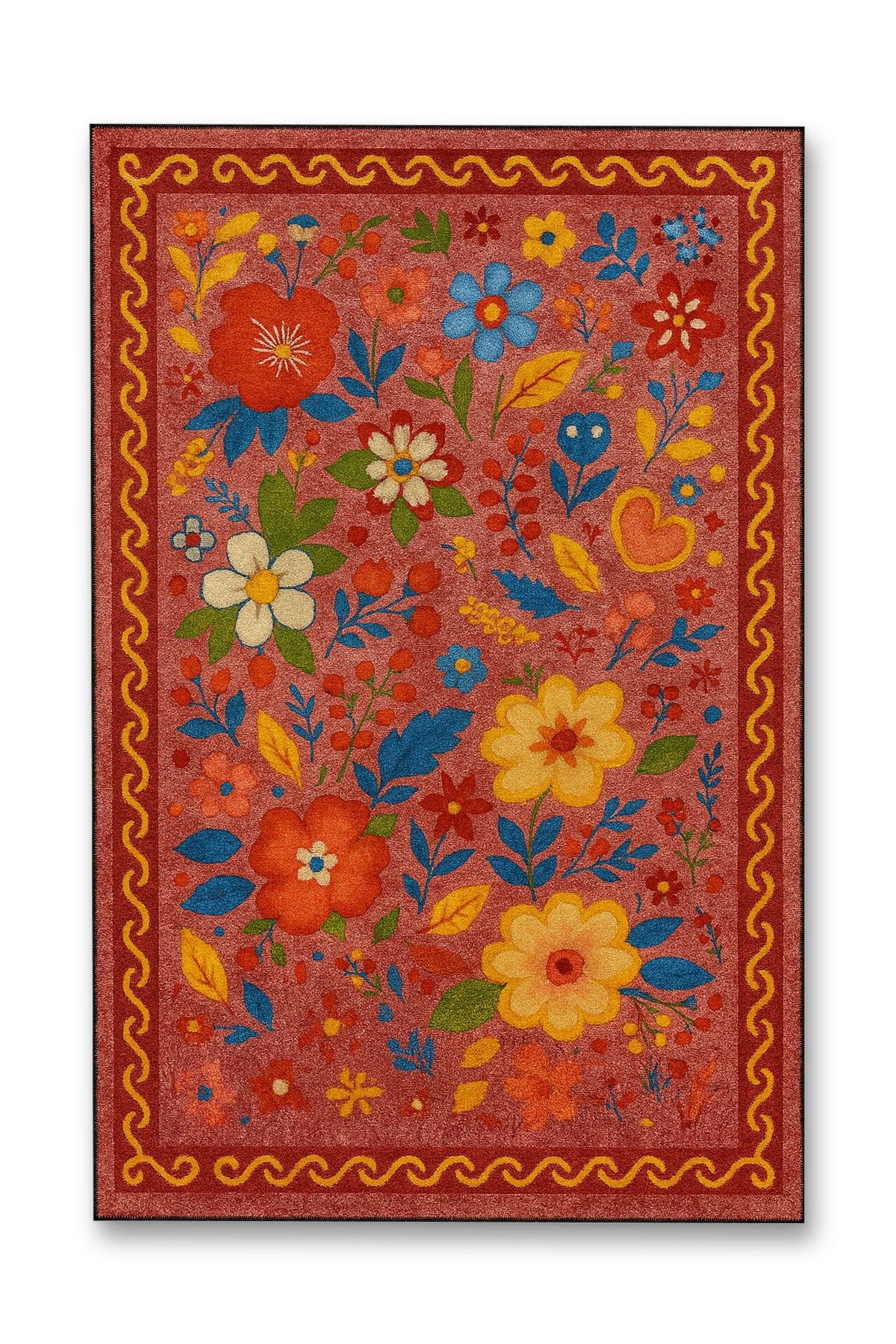 MOSSO Çok Renkli Çiçekler ve Kalp Detaylı Dokuma Taban Modern Dekoratif Halı mosso87