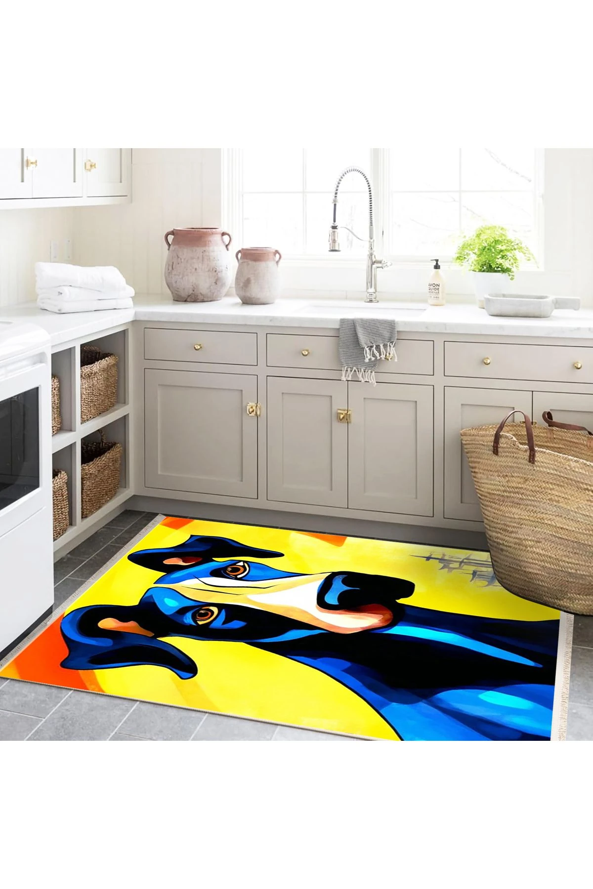 Özge Koleksiyonu Sarı Temalı Çok Renkli Köpek Desenli Dokuma Taban Dekoratif Halı özge26