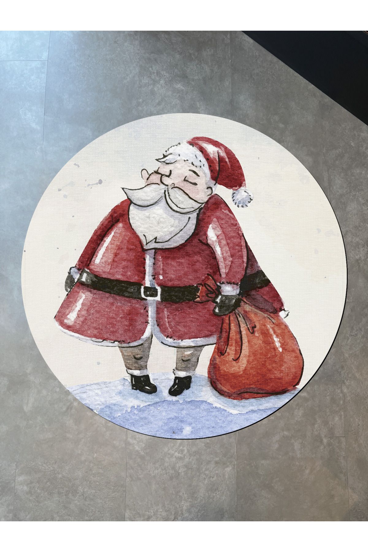 Yılbaşı Temalı Noel Baba ve Çantası Desenli Kreatif Modern Dokuma Taban Yuvarlak Dekoratif Halı 2251