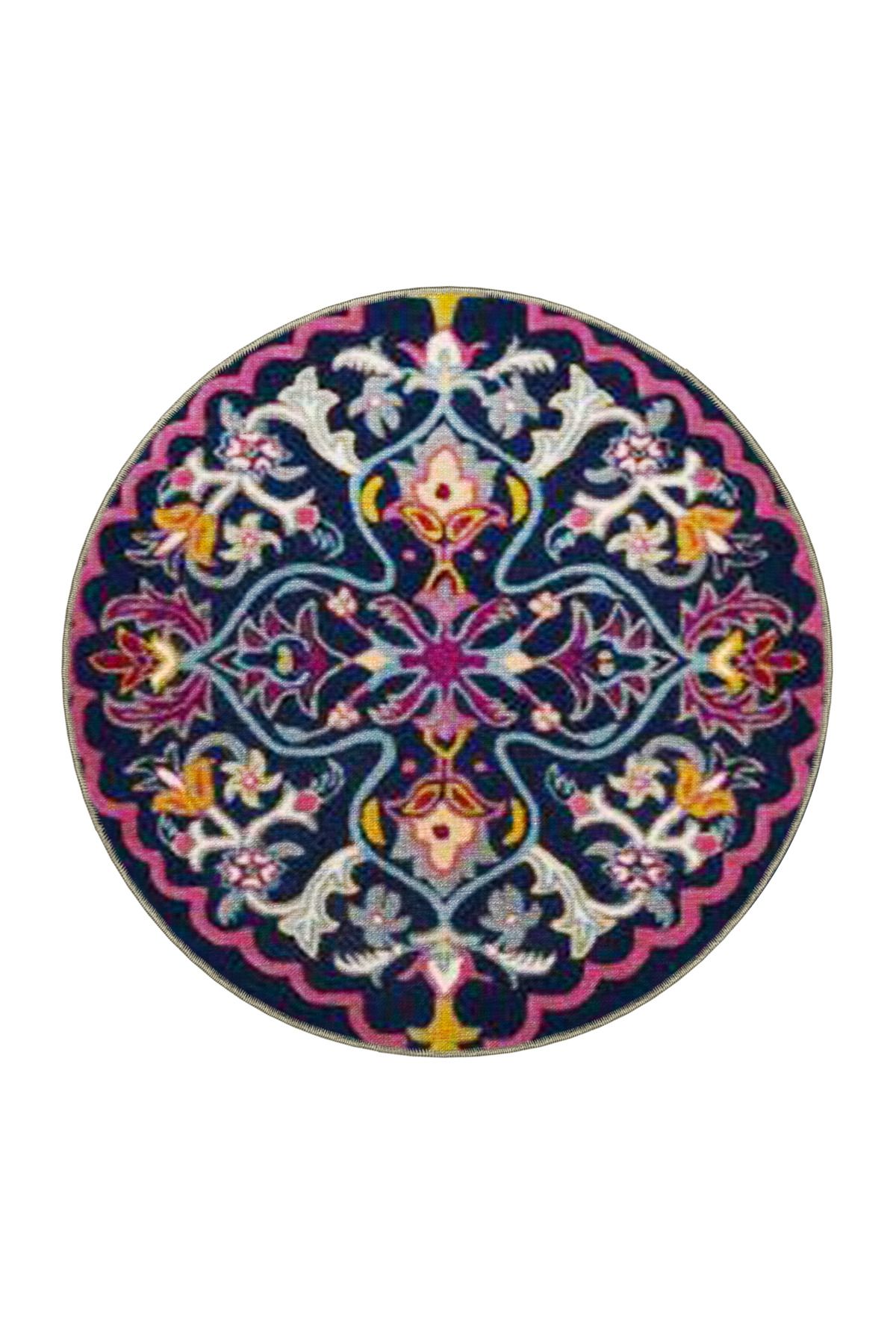 Lacivert Pembe Temalı Geleneksel Motif Çiçek Desenli Vintage Dekoratif Halı 4703