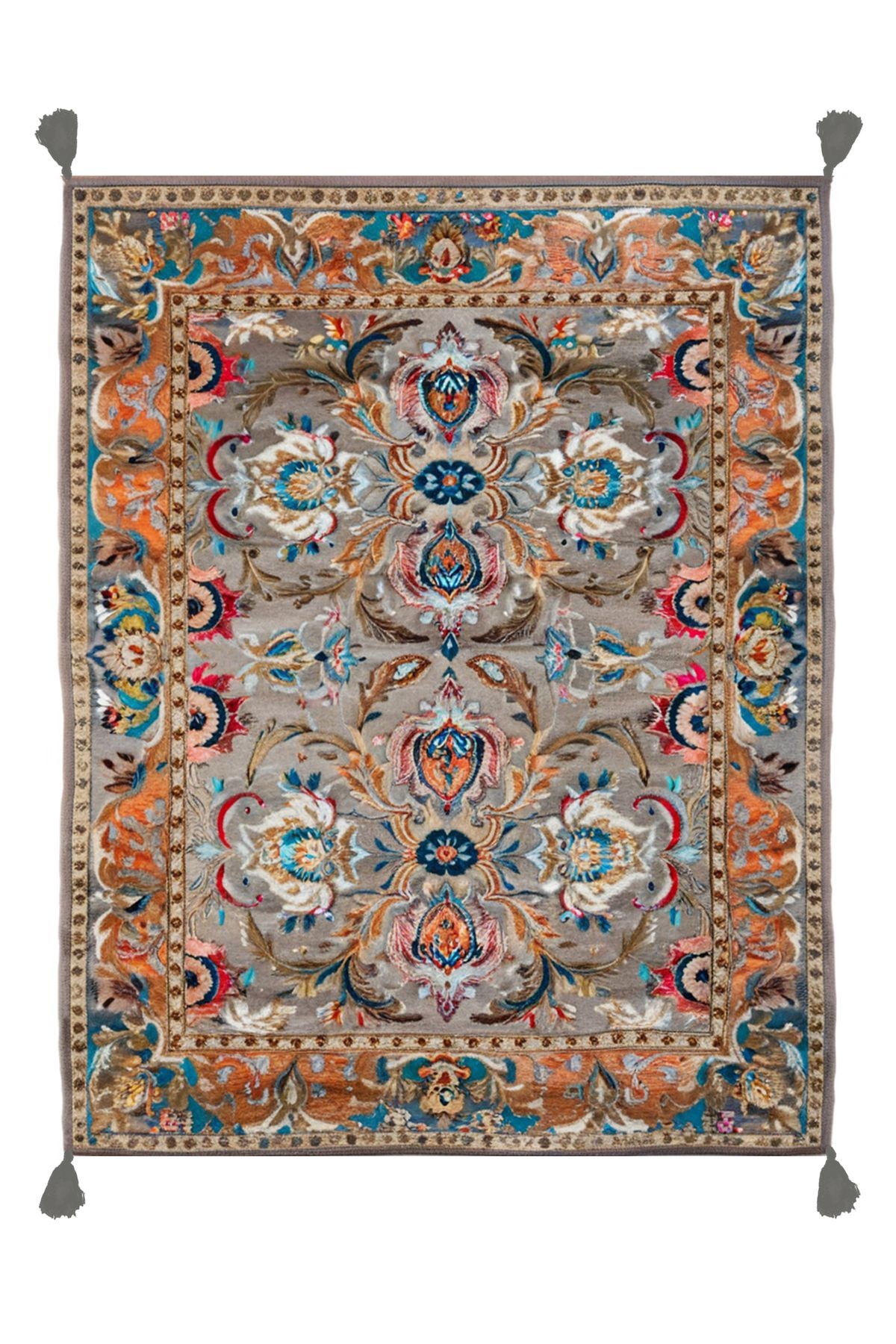 Tokyo Koleksiyonu Gri Tema Geleneksel Motifli Çiçek Desenli Dokuma Taban Vintage Dekoratif Halı 12