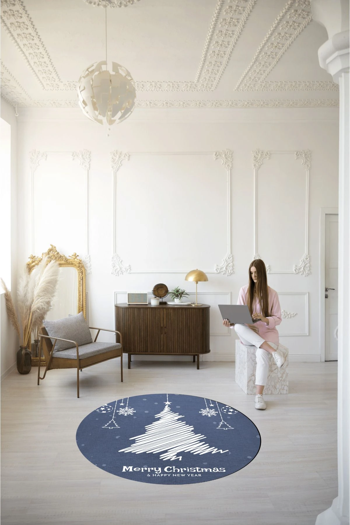 Mavi Yılbaşı Temalı Ağaç Süs Desenli Modern Dokuma Taban Yuvarlak Dekoratif Halı 2247