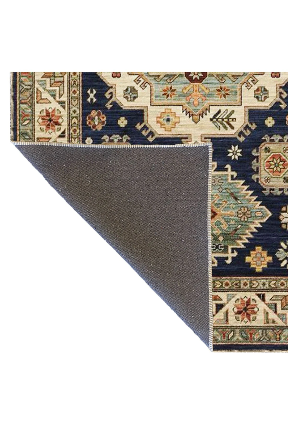 Lacivert Bej Temalı Geleneksel Motif Çiçek Desenli Vintage Dekoratif Halı 3881