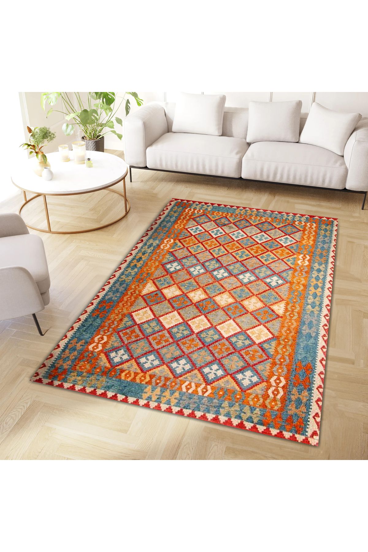 Aysu Koleksiyonu Turuncu Detaylı Etnik Desenli Dokuma Taban Modern Dekoratif Halı aysu23