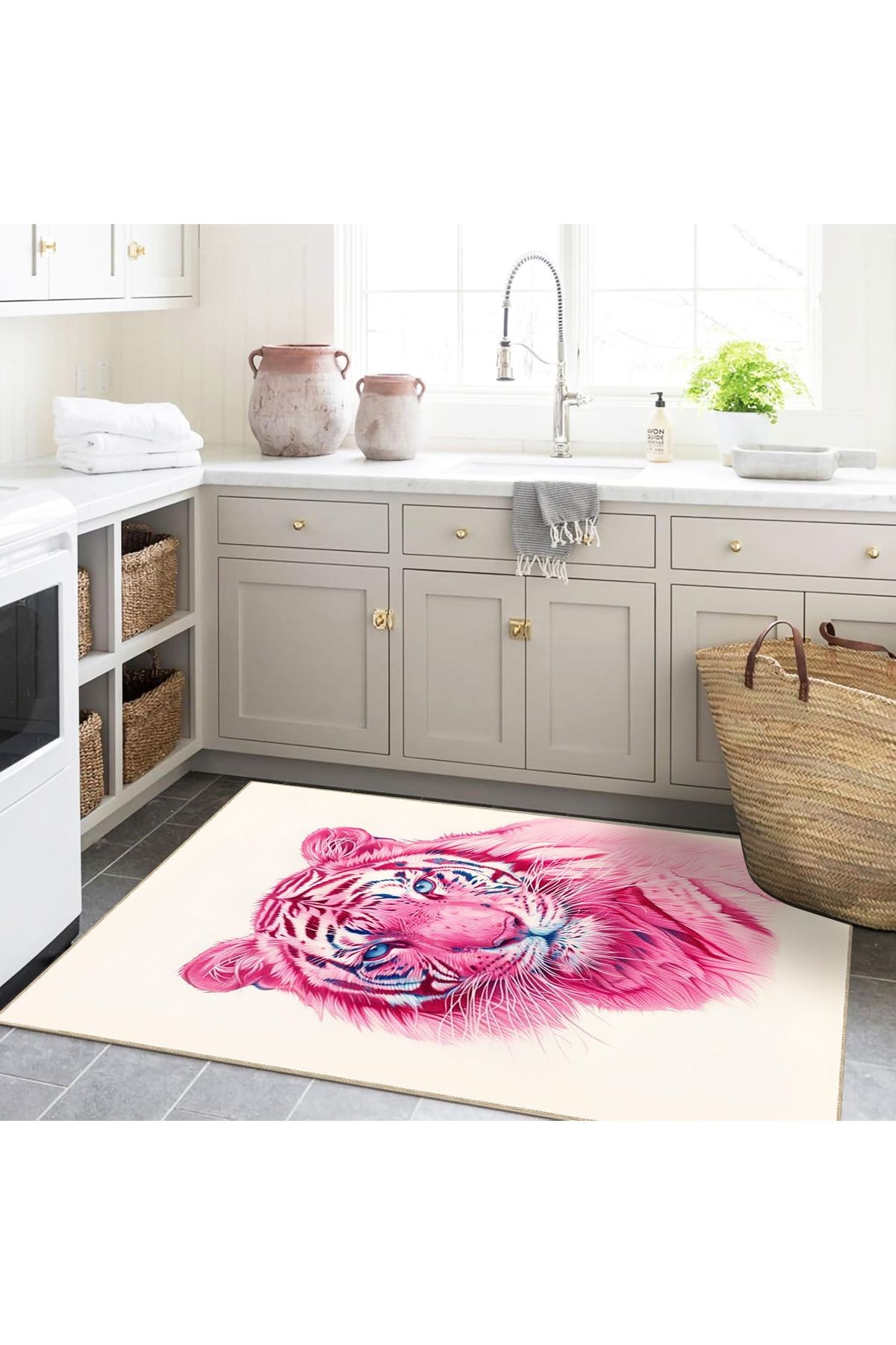 İnci Koleksiyonu Mavi Gözlü Pembe Kaplan Desenli Dokuma Taban Modern Dekoratif Halı inci67
