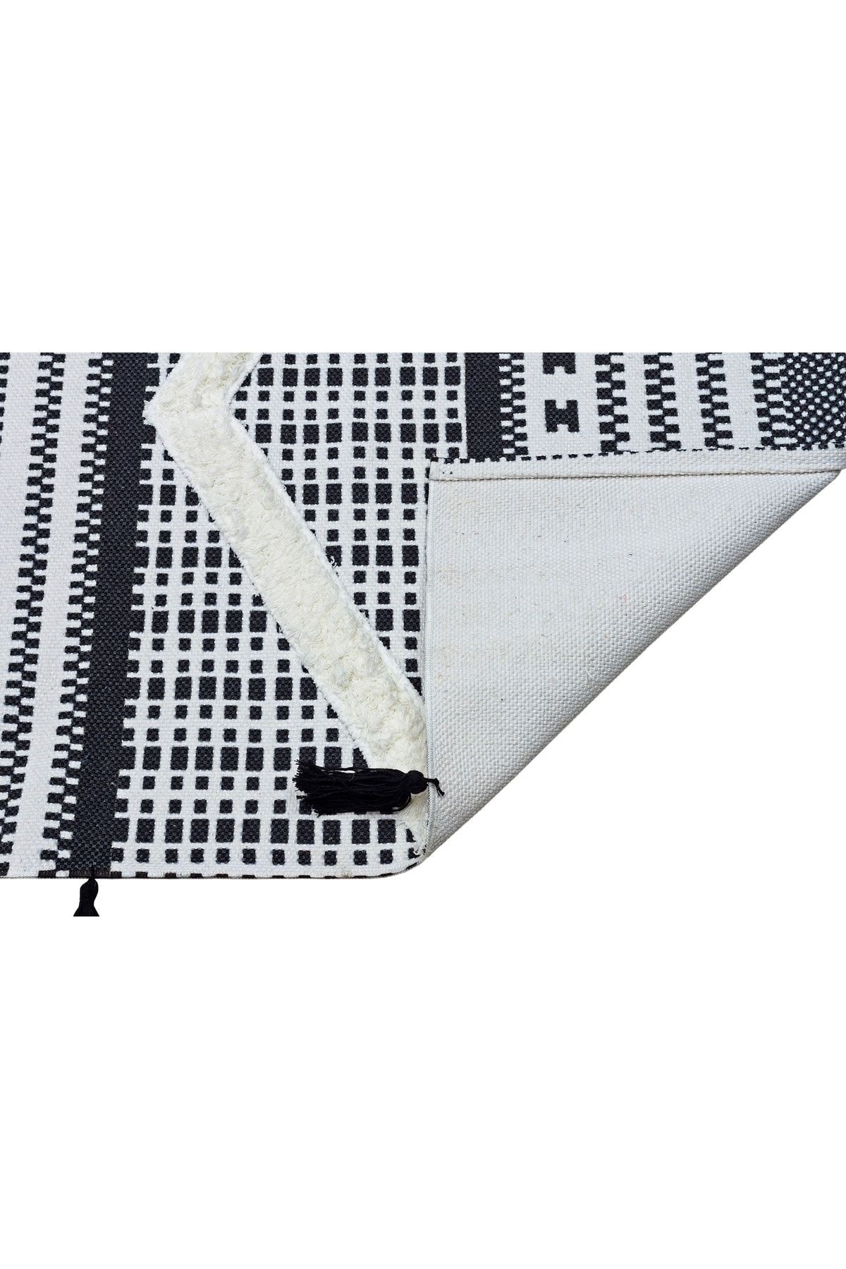 Rustik 4044 Iskandinav Kenarları Siyah Saçaklı Etnik Desen Kilim