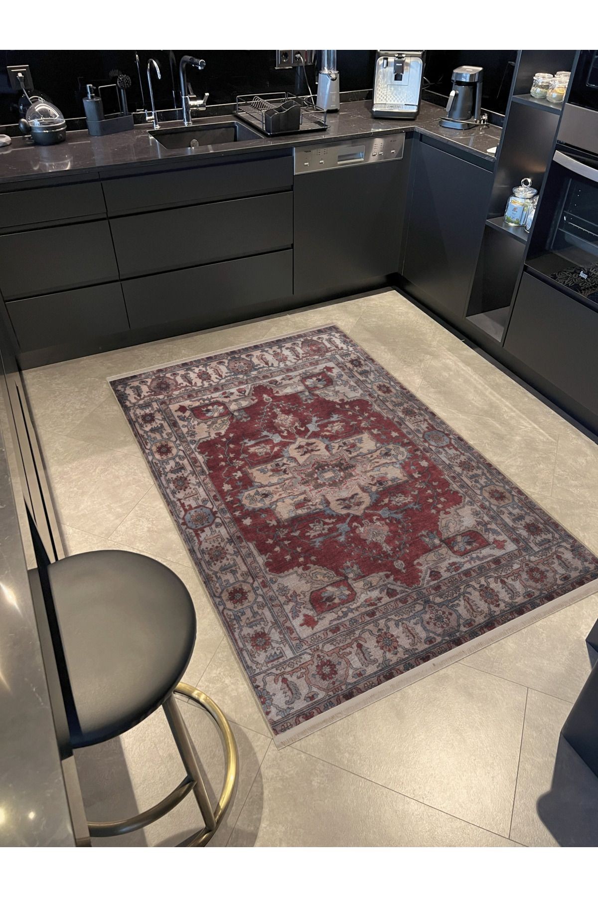 Bordo Temalı Geleneksel Motif Etnik Çiçek Desenli Kreatif Vintage Dekoratif Halı 2935