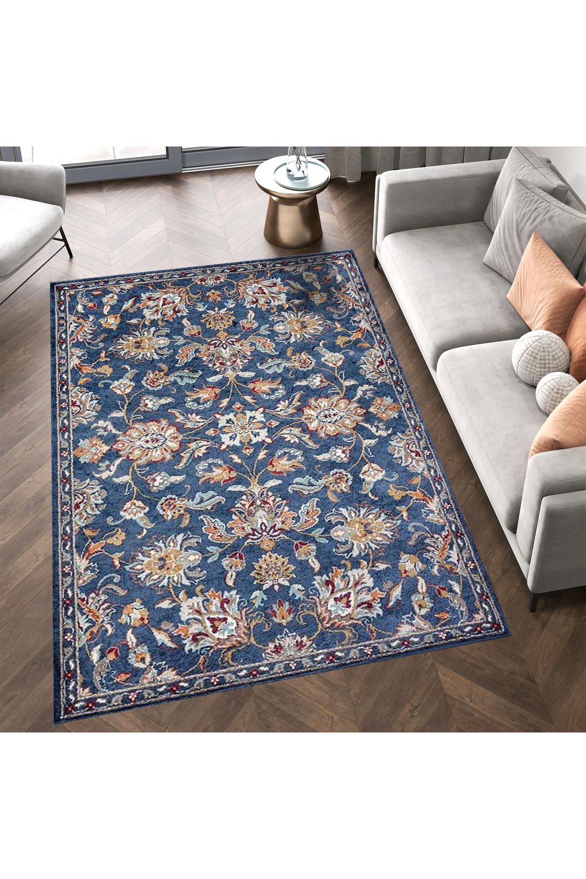 Kuzey Koleksiyonu Mavi Floral Desenli Dokuma Taban Dekoratif Halı kuzey09