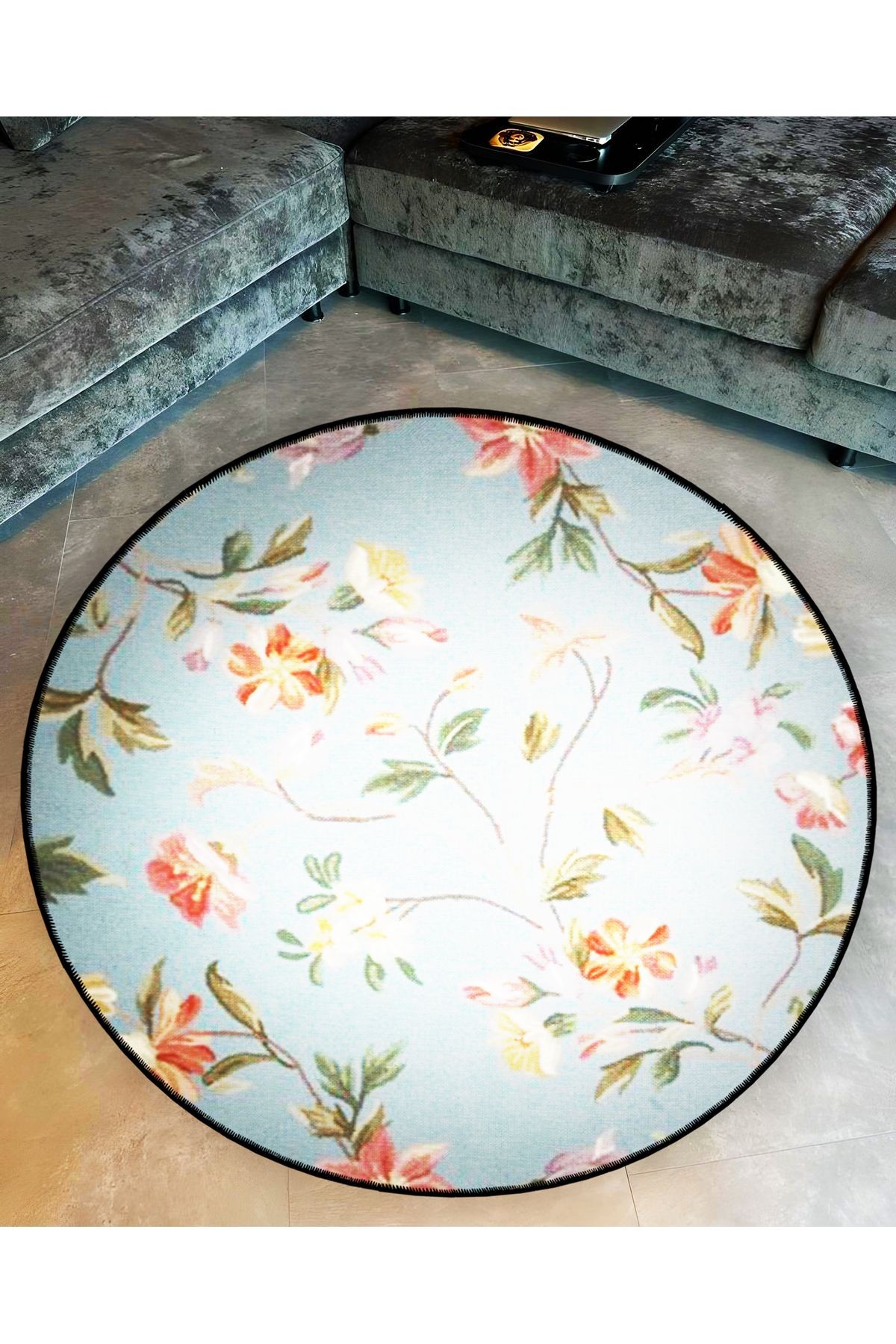 Mira Yuvarlak Soft Tonlarda Çiçek ve Yaprak Desen Dokuma Taban Modern Dekoratif Halı 5787