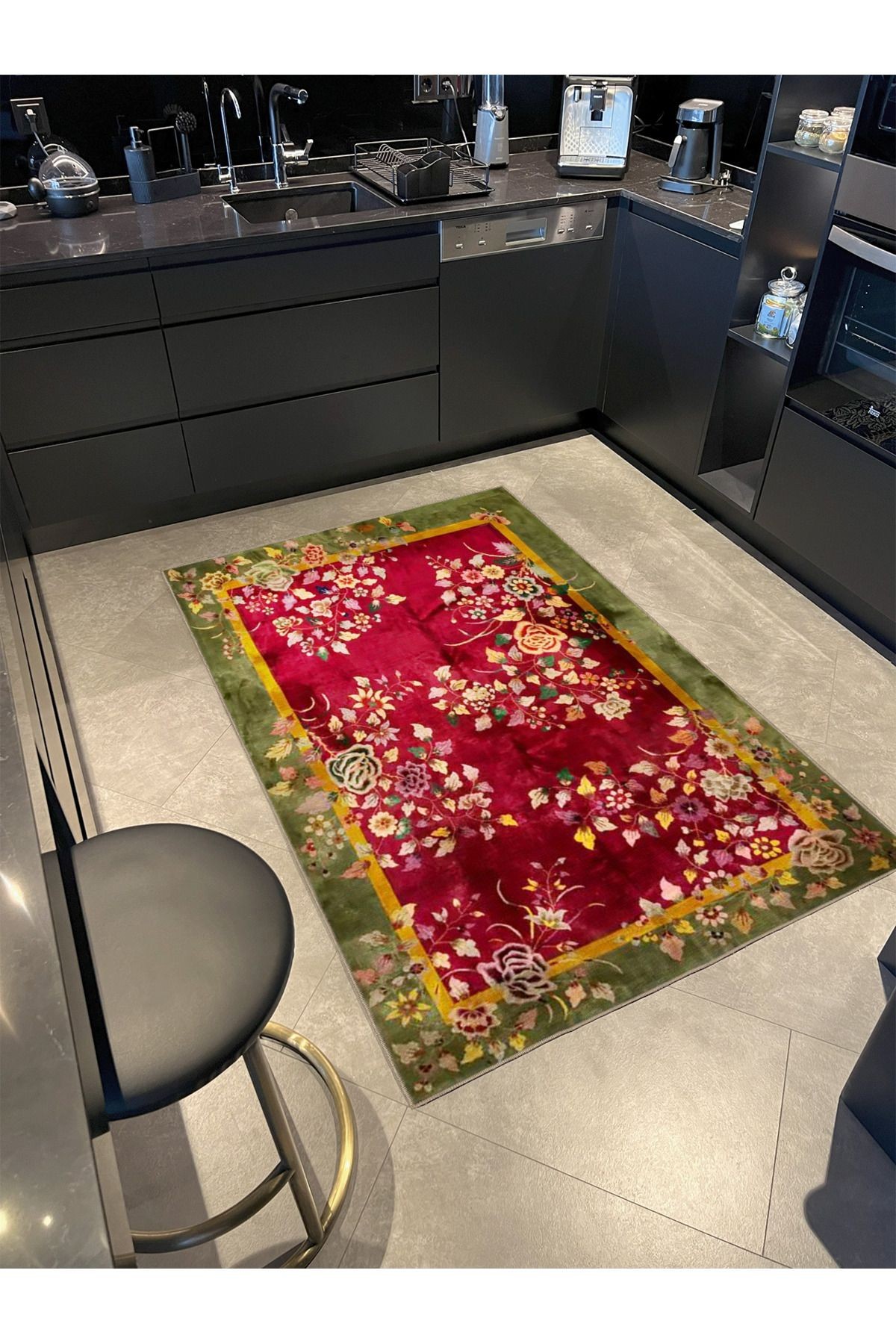 Kırmızı Temalı Geleneksel Çin Tasarım Floral Çiçek Desenli Vintage Dekoratif Halı 3488