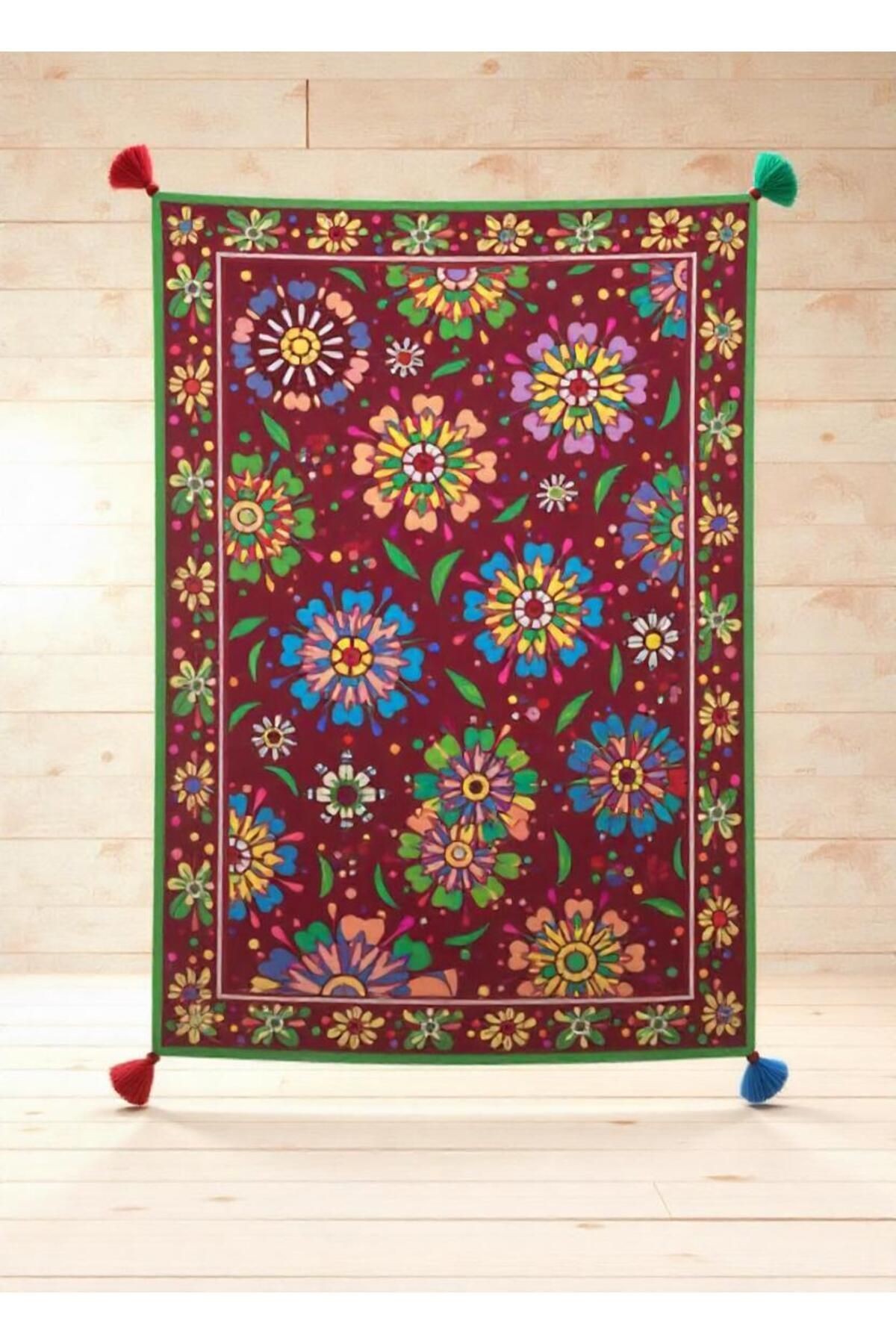 Haryana Koleksiyonu Bordo Tema ve Çiçek Motifleri Desenli Dokuma Taban Vintage Dekoratif Halı 21