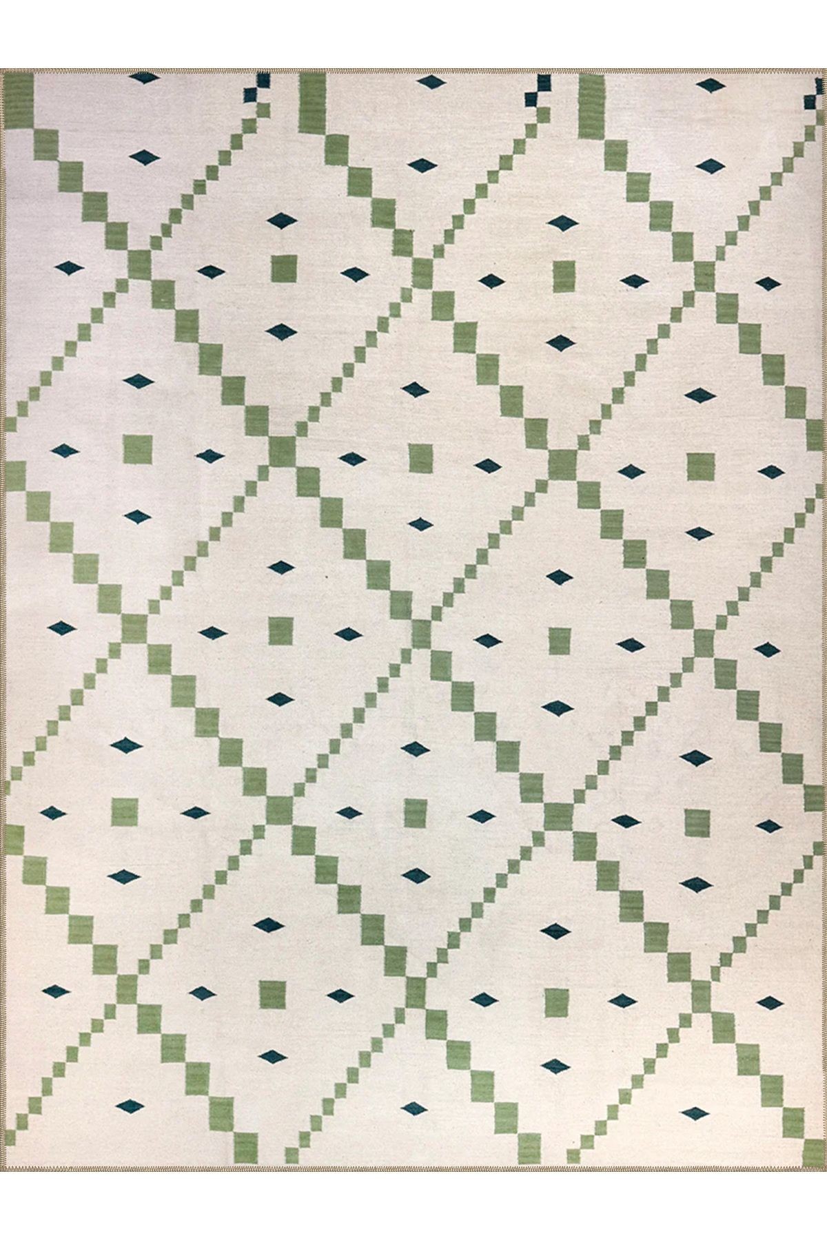 Emre Koleksiyonu Yeşil Bej Tonlar Geometrik Detay Desenli Dokuma Taban Modern Dekoratif Halı 11