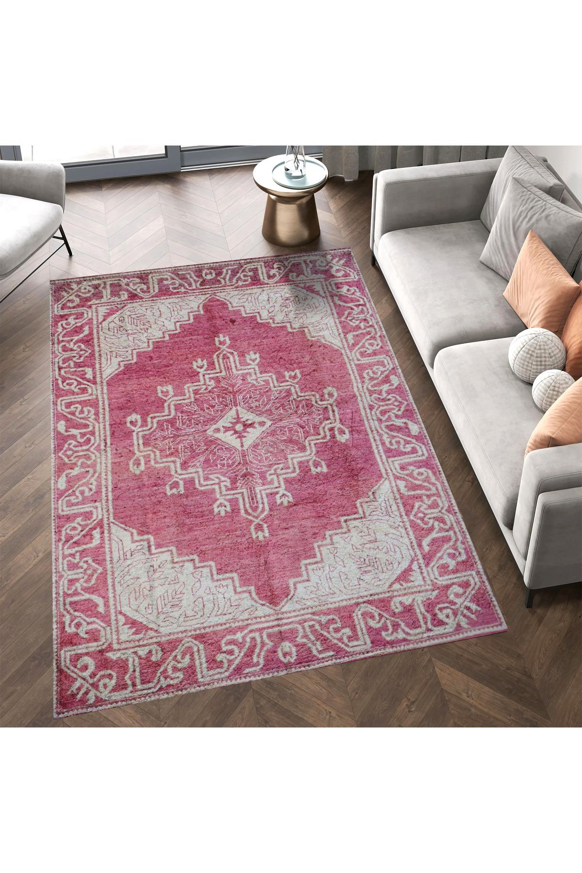 Asena Koleksiyonu Pembe ve Gri Temalı Geleneksel ve Bohem Desenli Vintage Dekoratif Halı 12