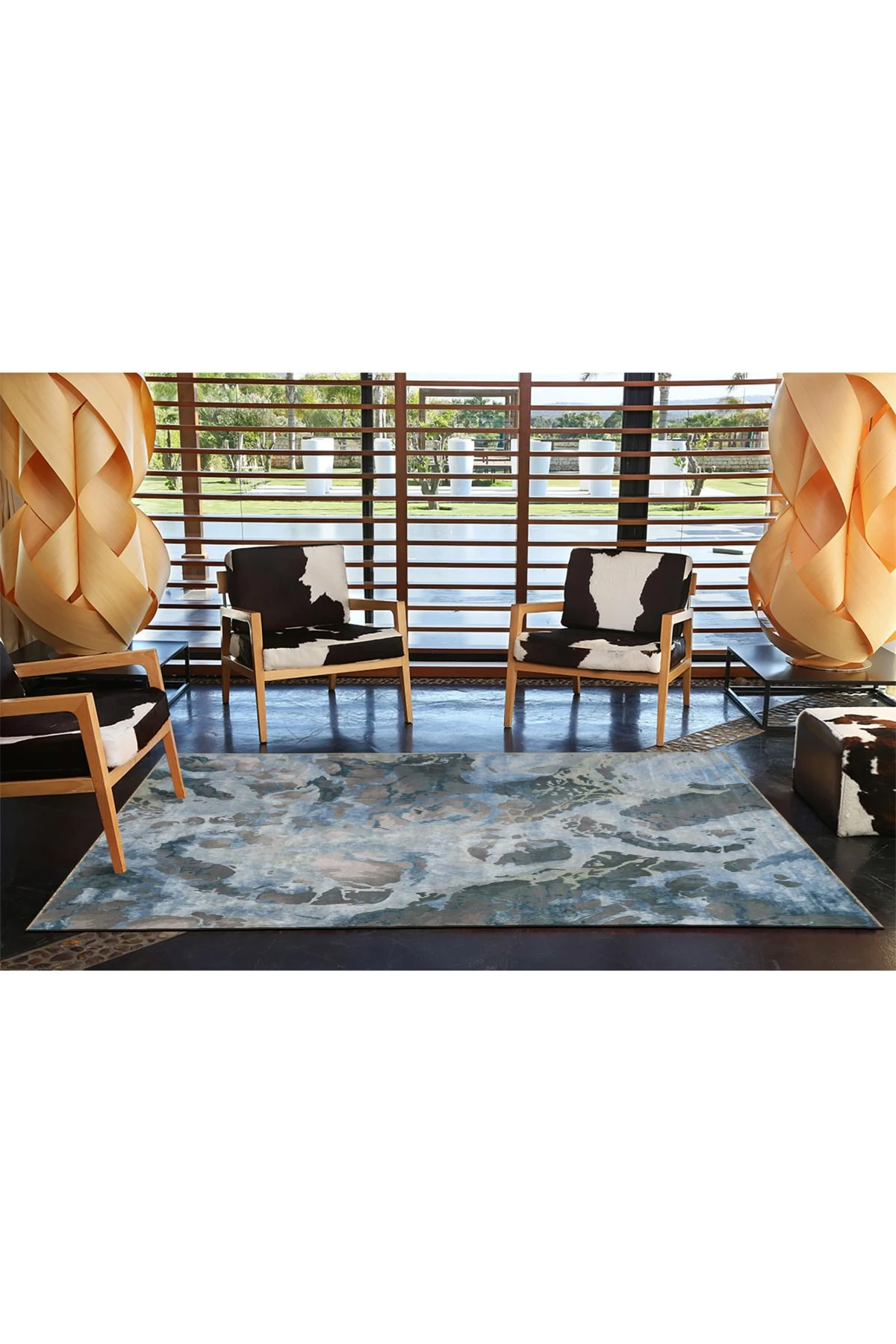 Gri Mavi Temalı Soyut Abstract Desenli Kreatif Modern Dekoratif Halı 3909