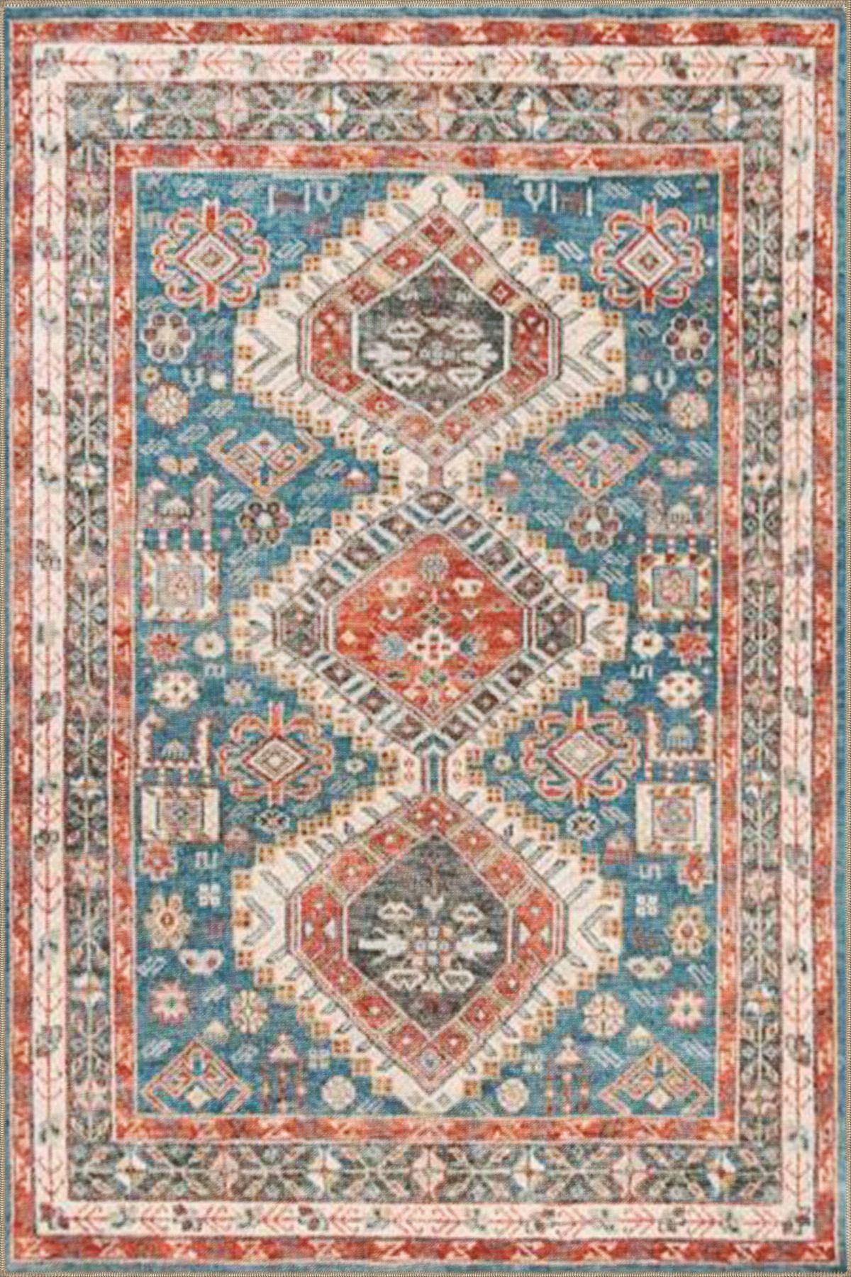 Çok Renkli Geleneksel Motif Etnik Desenli Saçaklı Vintage Dekoratif Halı 3248