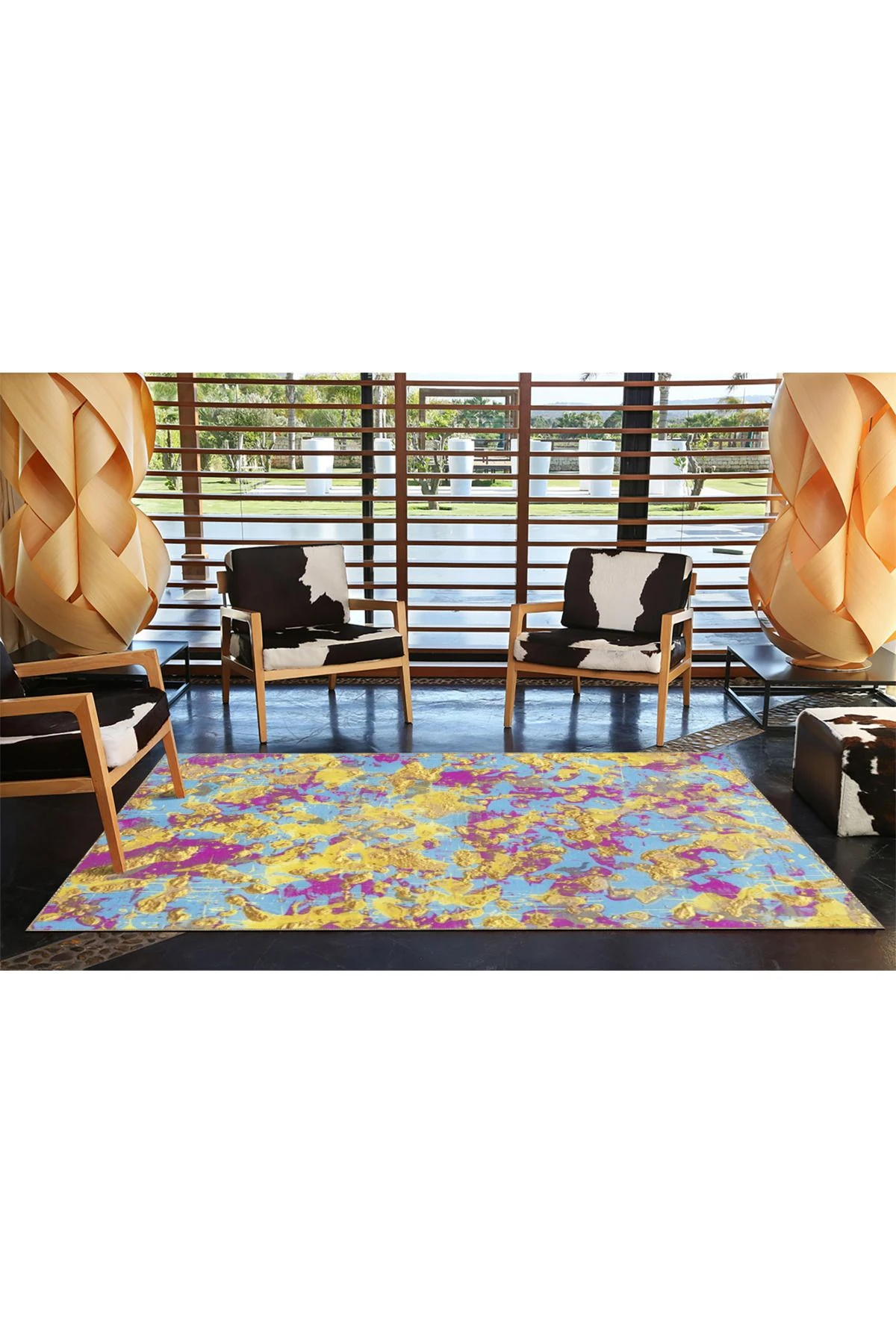 Sarı Mor Boyalı Dokuma Taban Yıkanabilir Halı miravip8909