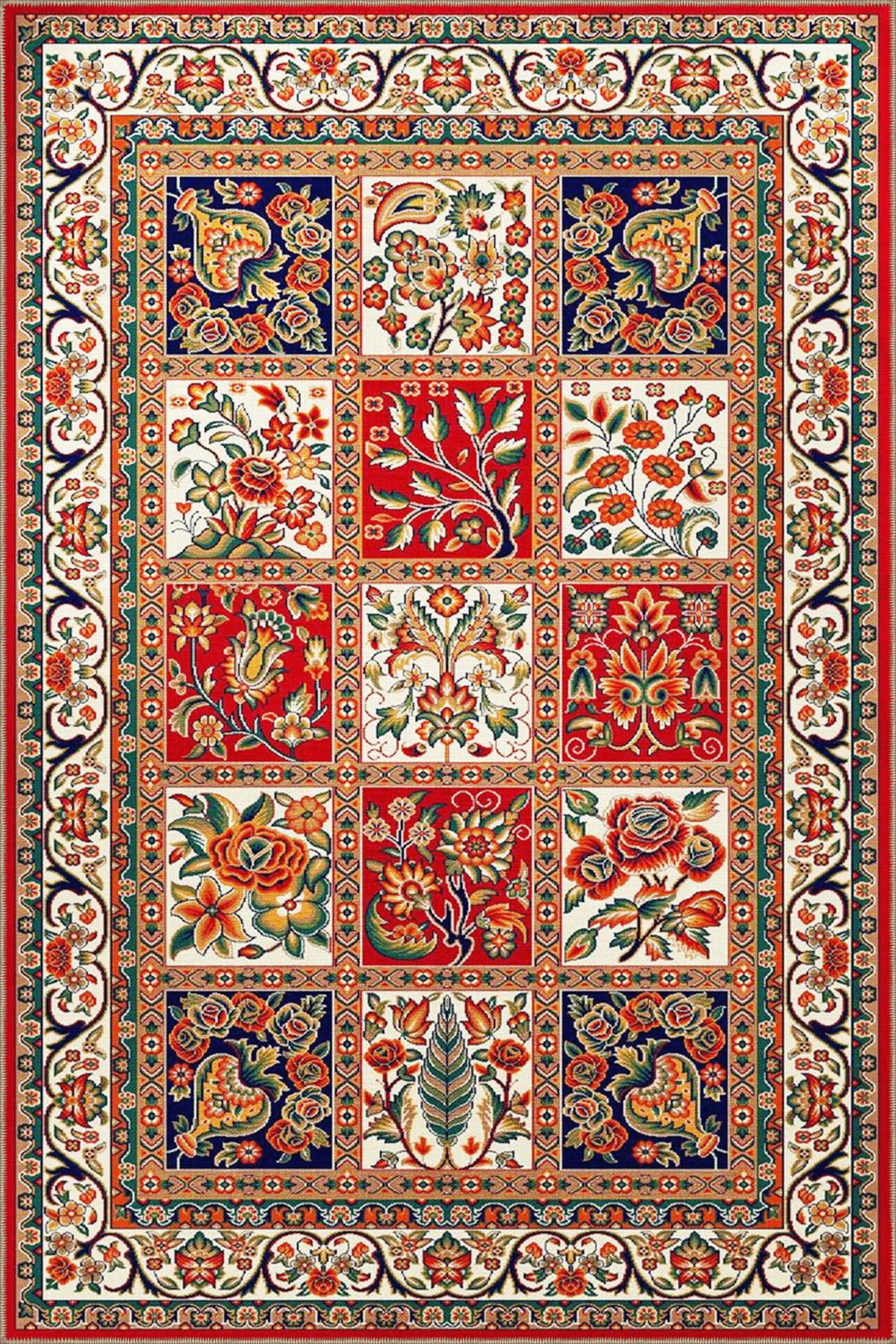 Kırmızı Renkte Kareli Geometrik Modern Dekoratif Halı 3677